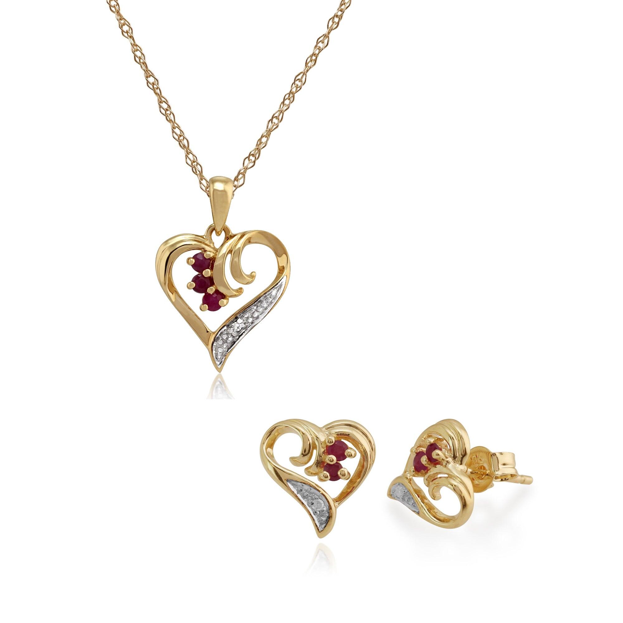 Classic Round Ruby & Diamond Love Heart Stud Earrings & Pendant Set in 9ct Yellow Gold