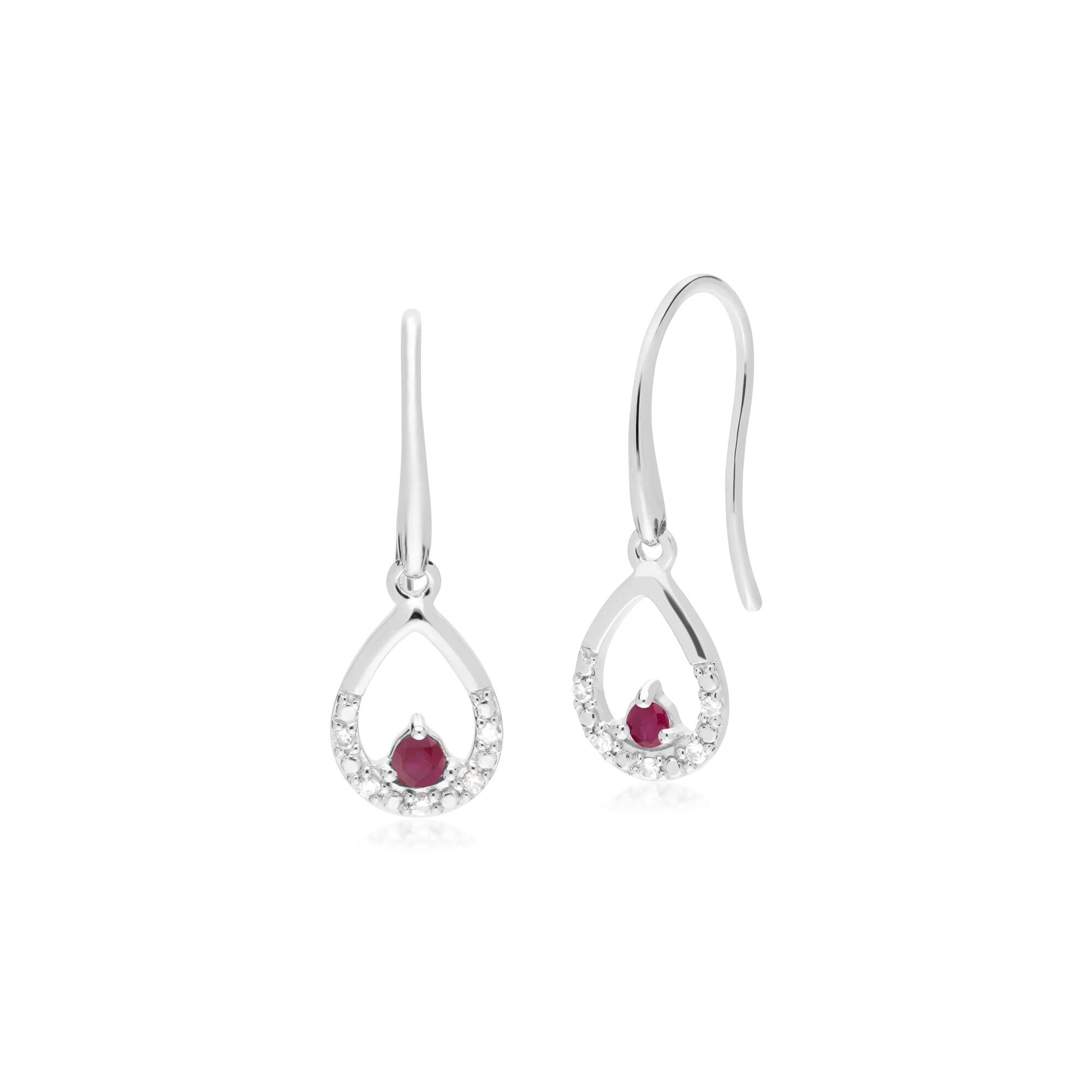 Classic Round Ruby & Diamond Tear Drop Earrings in 9ct White Gold