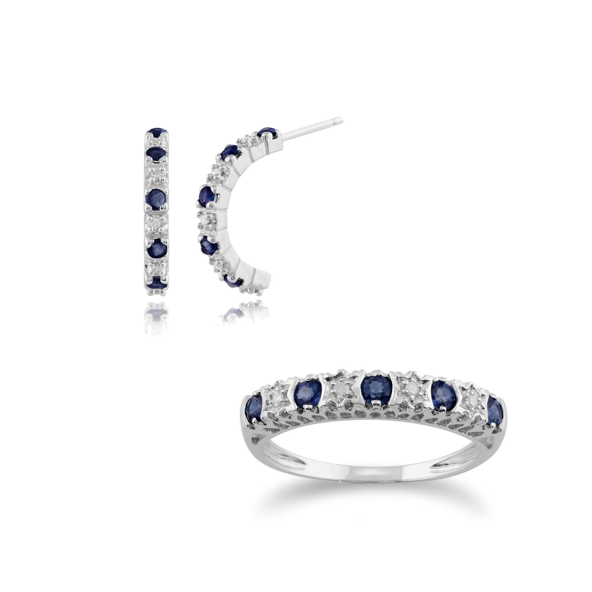 Classic Round Sapphire & Diamond Half Hoop Earrings & Half Eternity Ring Set in 9ct White Gold