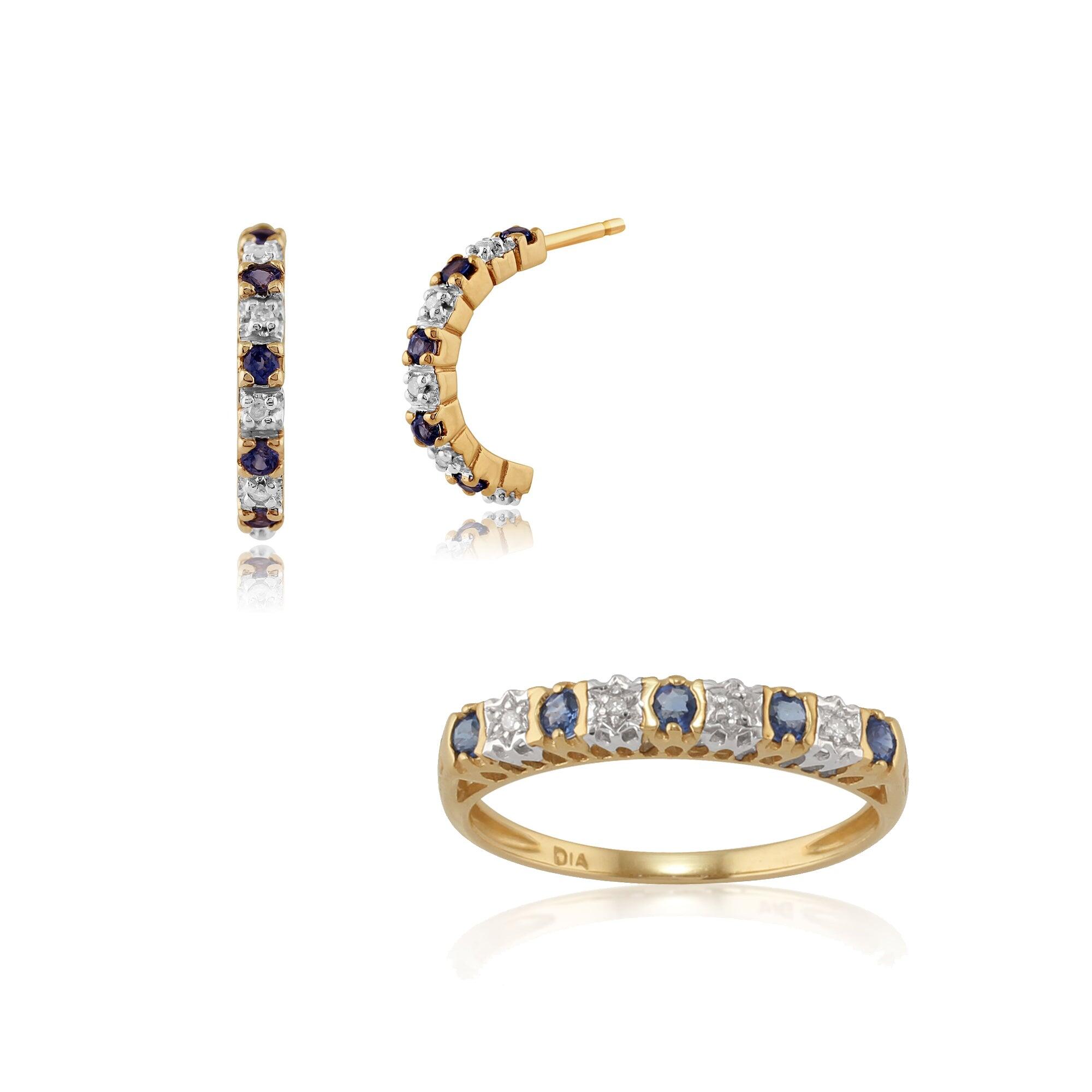 Classic Round Sapphire & Diamond Half Hoop Earrings & Half Eternity Ring Set in 9ct Yellow Gold
