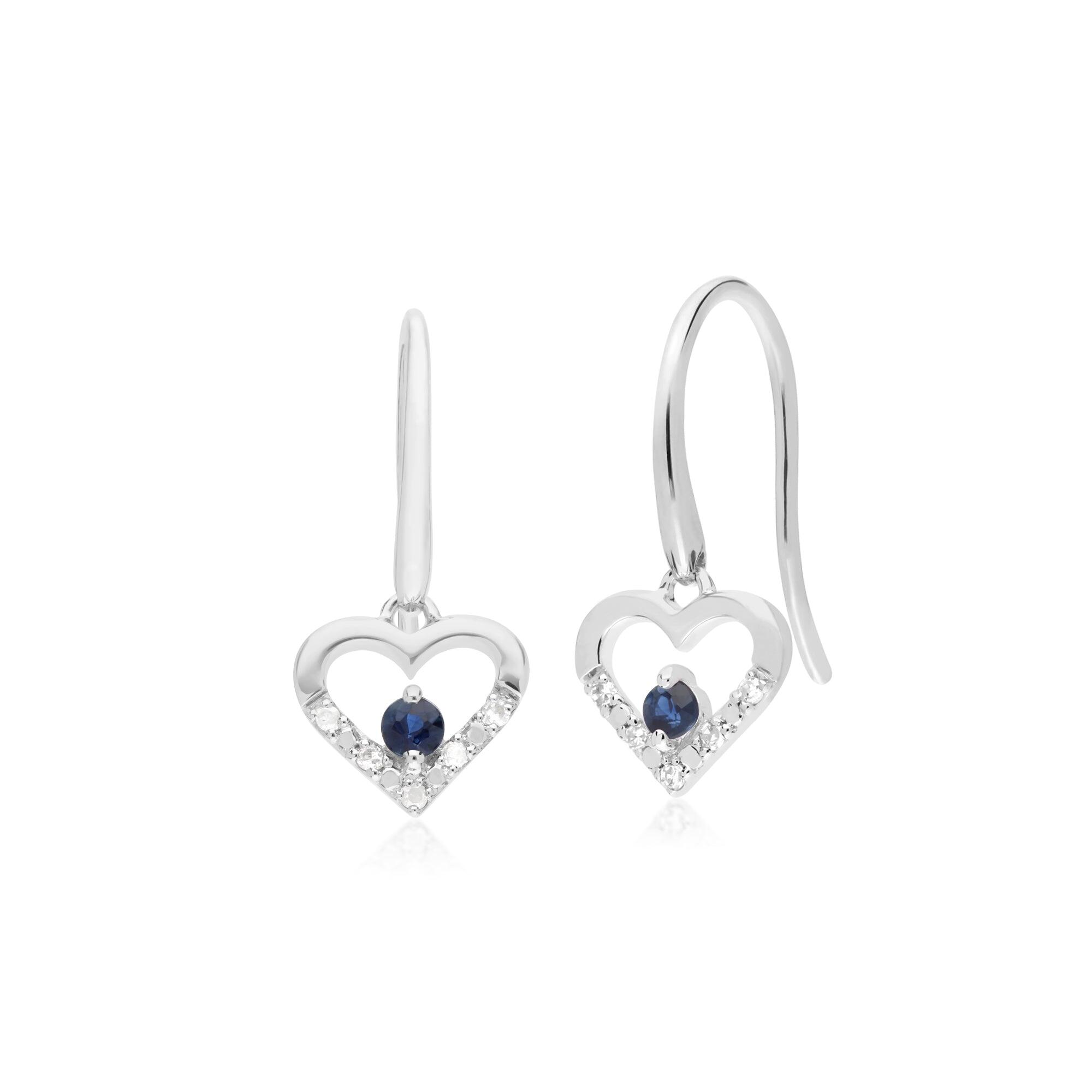 Classic Round Sapphire & Diamond Love Heart Shaped Drop Earrings in 9ct White Gold