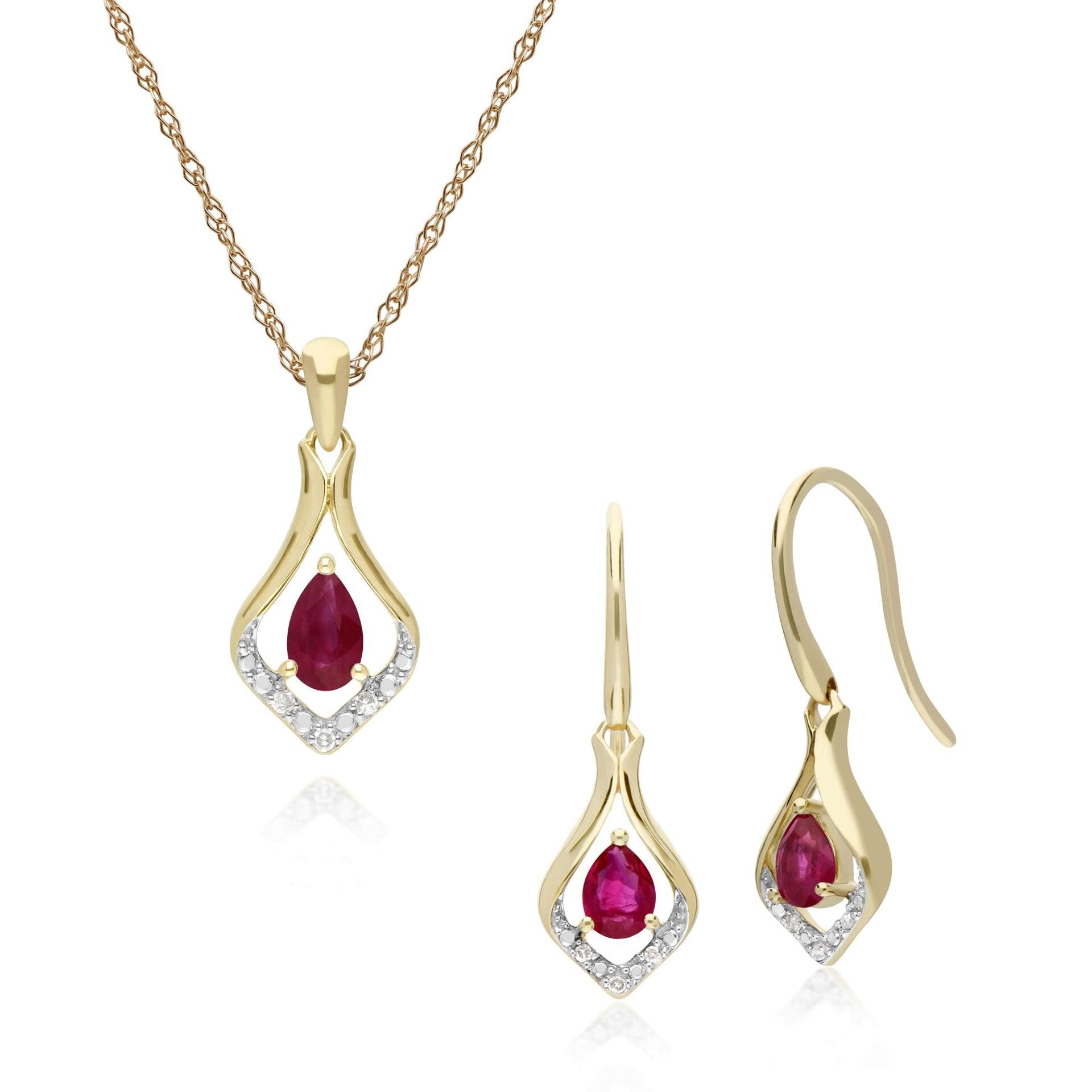 Classic Ruby & Diamond Leaf Drop Earrings & Pendant Set in 9ct Yellow Gold