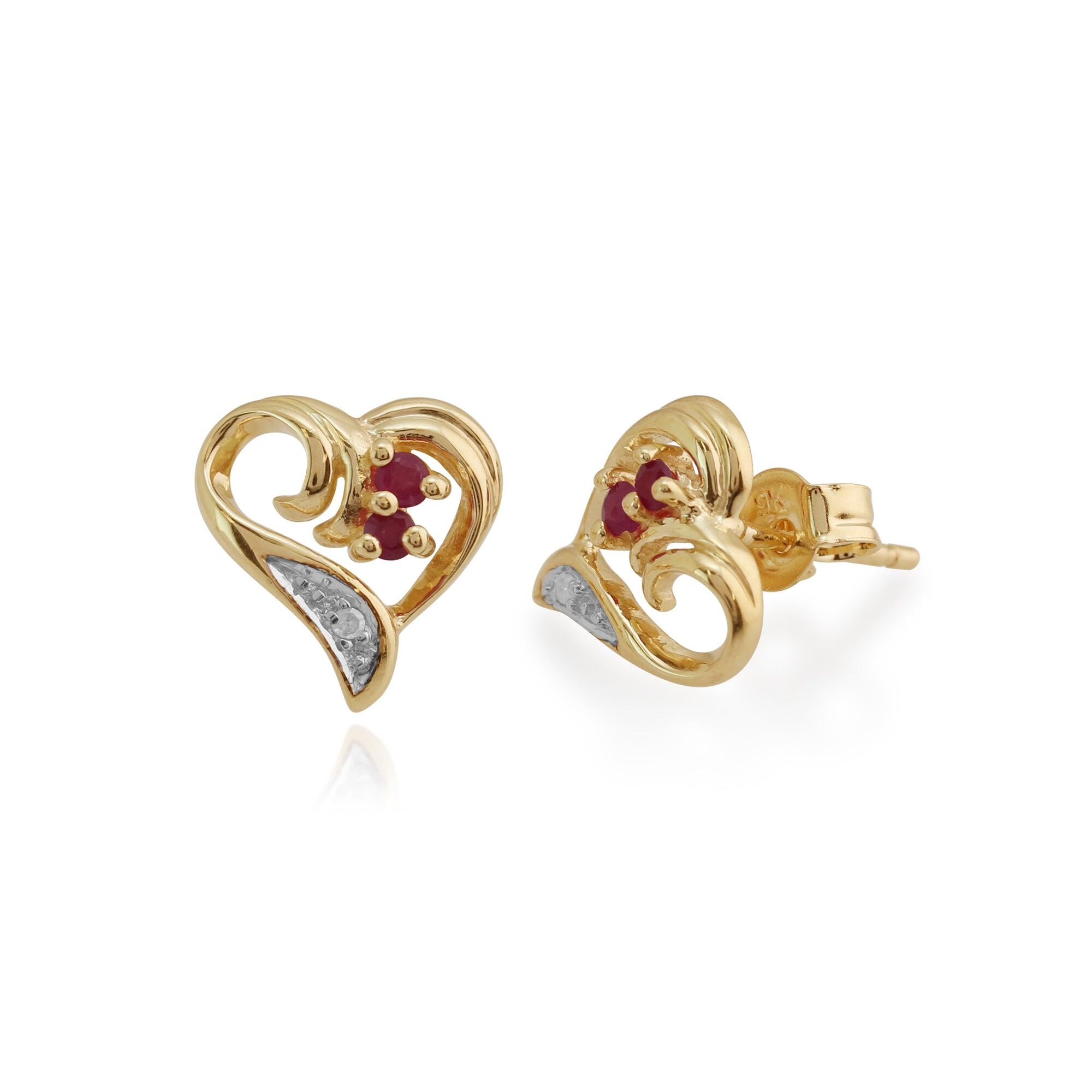 Classic Ruby & Diamond Swirled Love Heart Stud Earrings in 9ct Gold
