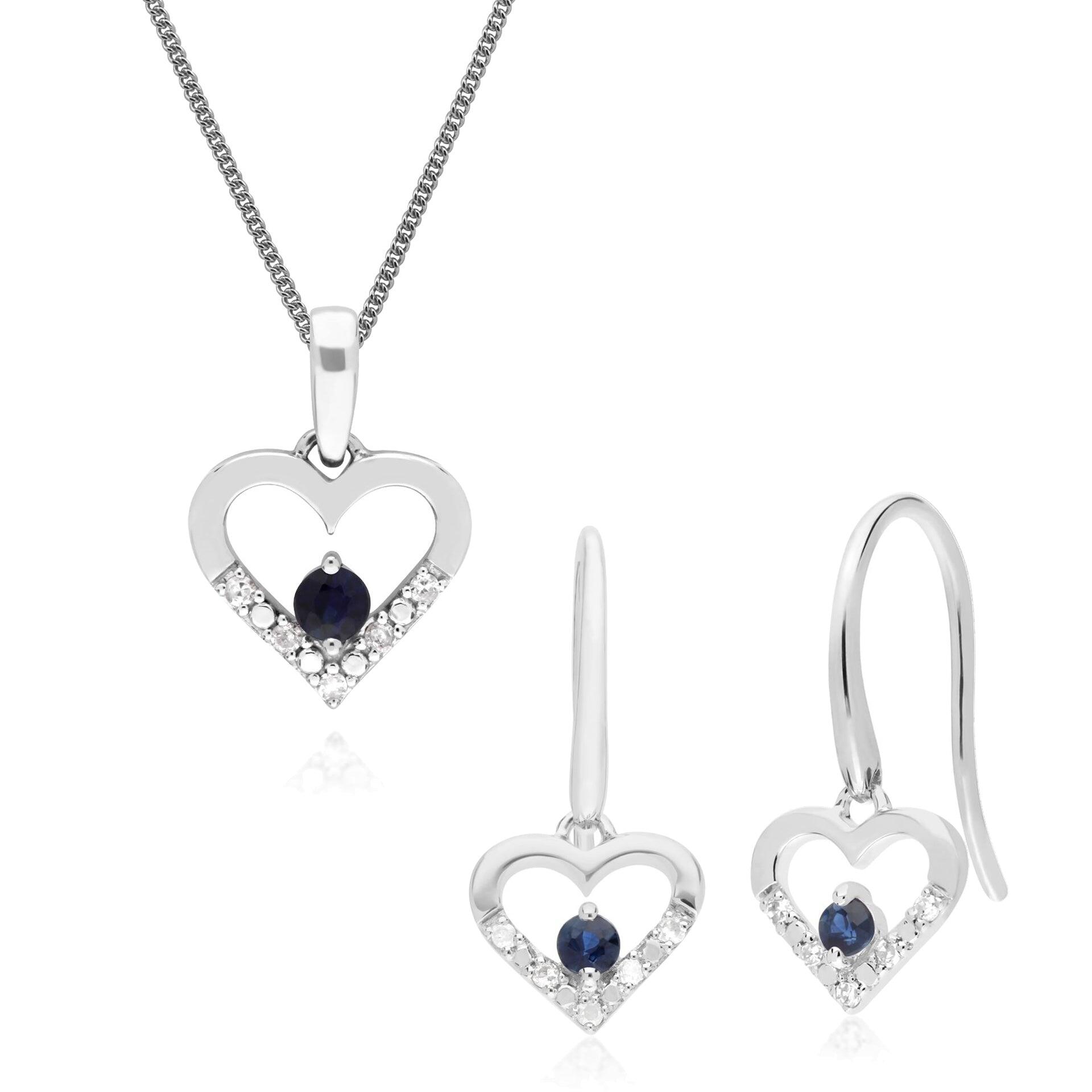 Classic Sapphire & Diamond Heart Drop Earrings & Pendant Set in 9ct White Gold