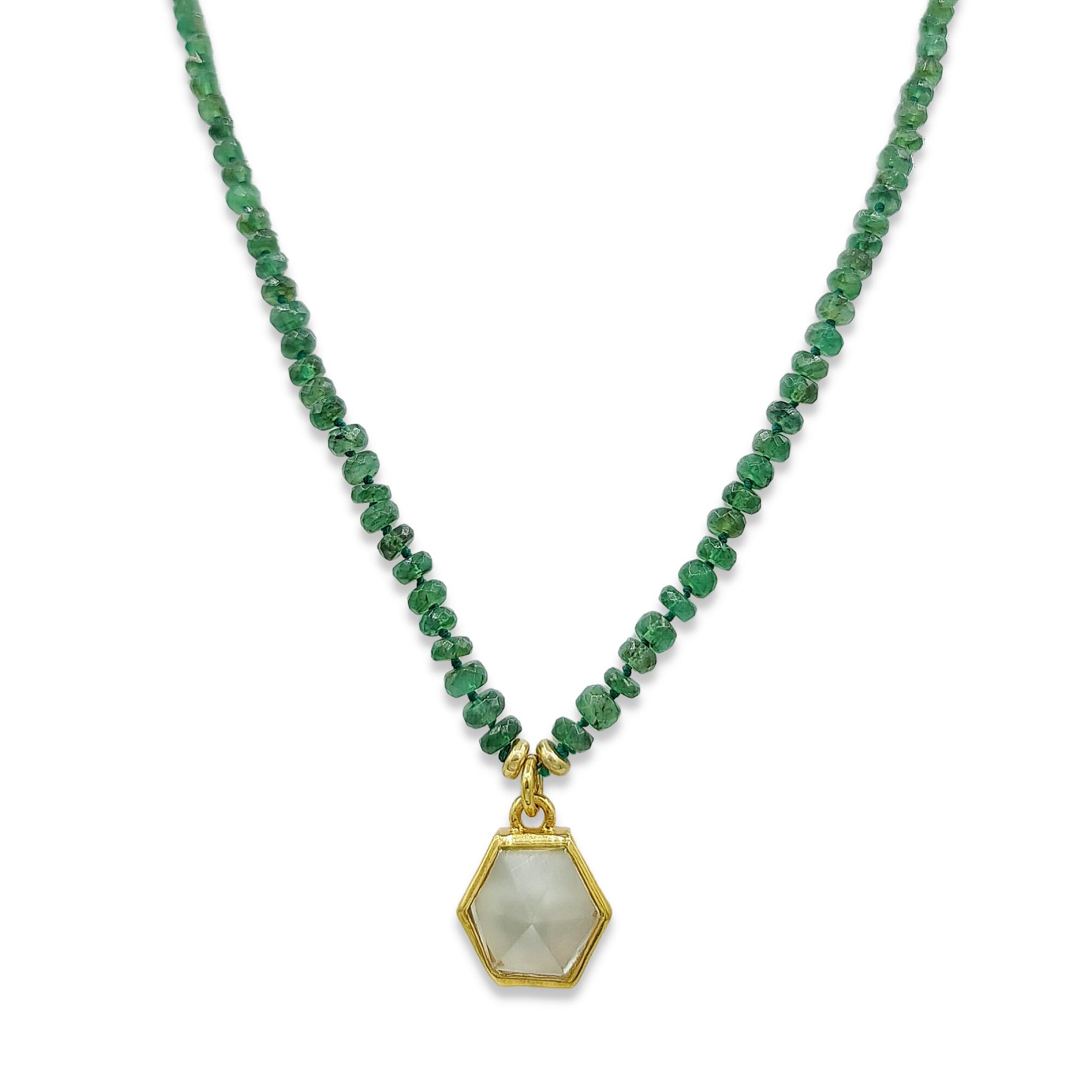 Eliza Bautista Iris Emerald Bead Necklace with Green Amethyst Hexagon Pendant