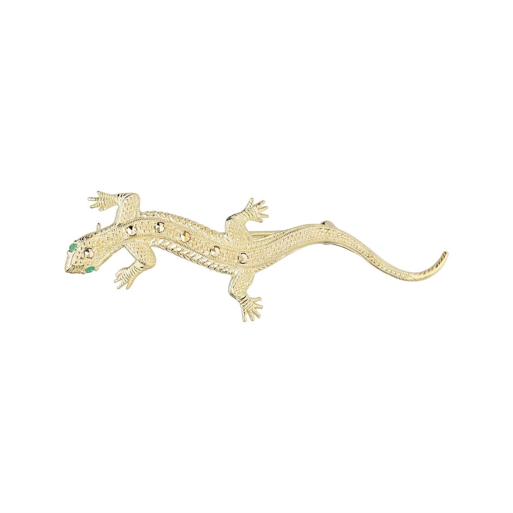 Emerald & Marcasite Gecko Brooch in 18ct Gold Plated Silver
