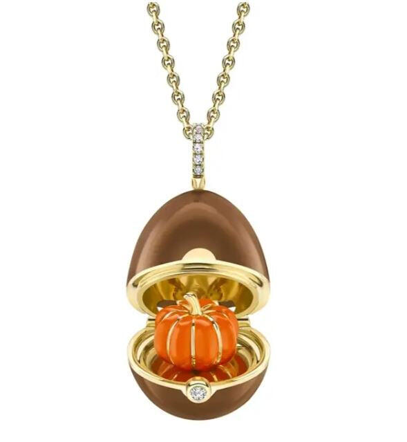 Faberge 18ct Yellow Gold Diamond Brown Lacquer Pumpkin Surprise Locket - Yellow Gold