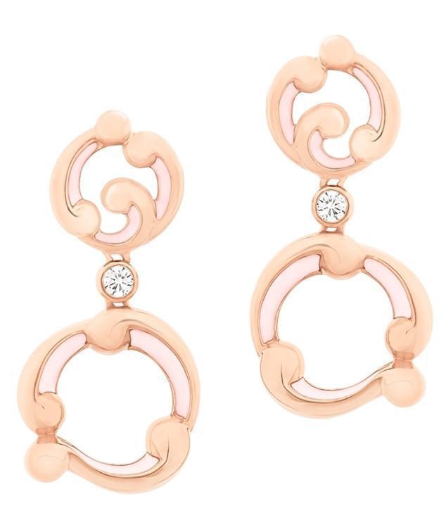 Faberge Rococo 18ct Rose Gold Diamond Pink Enamel Drop Earrings