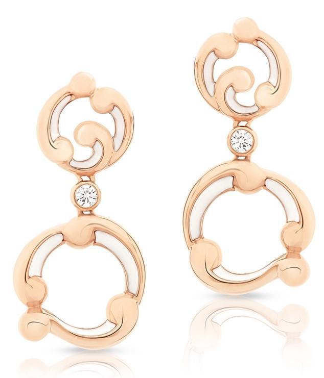 Faberge Rococo 18ct Rose Gold Diamond White Enamel Drop Earrings D