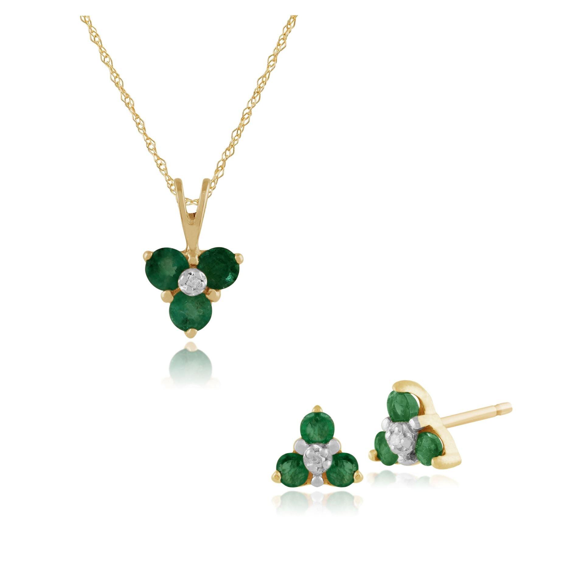 Floral Round Emerald & Diamond Stud Earrings & Pendant Set in 9ct Yellow Gold