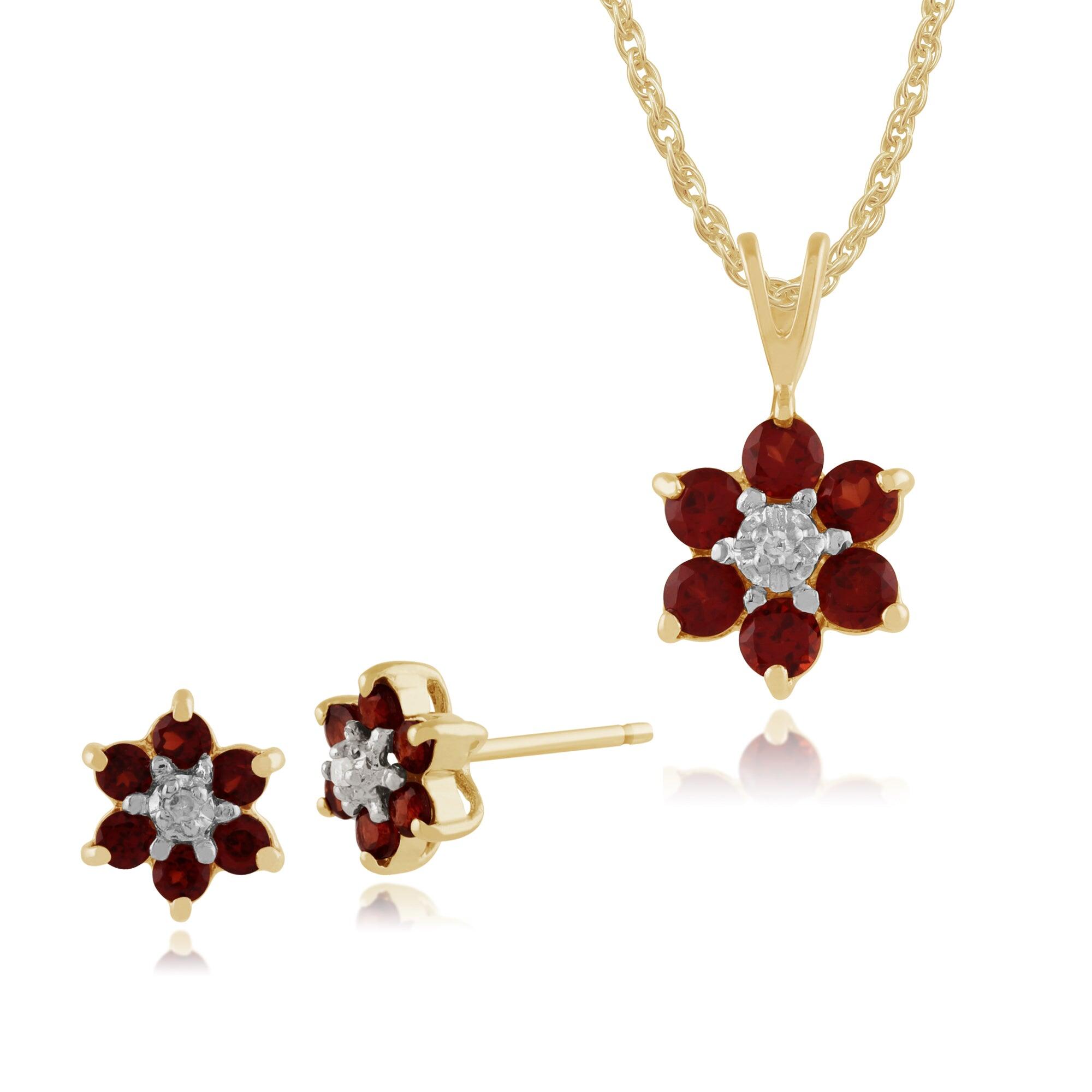 Floral Round Garnet & Diamond Flower Cluster Stud Earrings & Pendant Set in 9ct Yellow Gold
