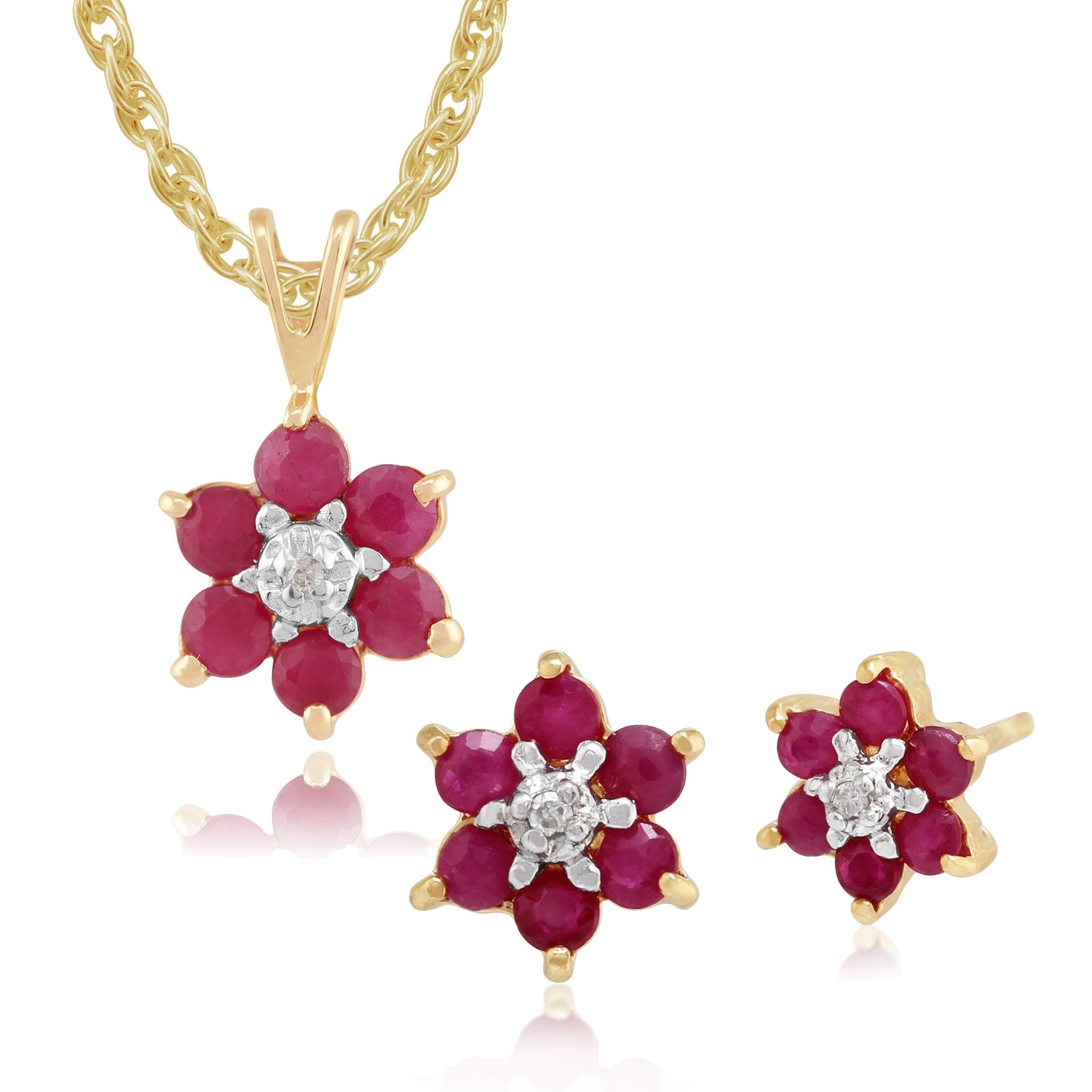 Floral Round Ruby & Diamond Flower Cluster Stud Earrings & Pendant Set in 9ct Yellow Gold