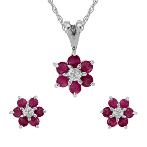 Floral Round Ruby & Diamond Flower Cluster Stud Earrings & Pendant Set in 9ct White Gold