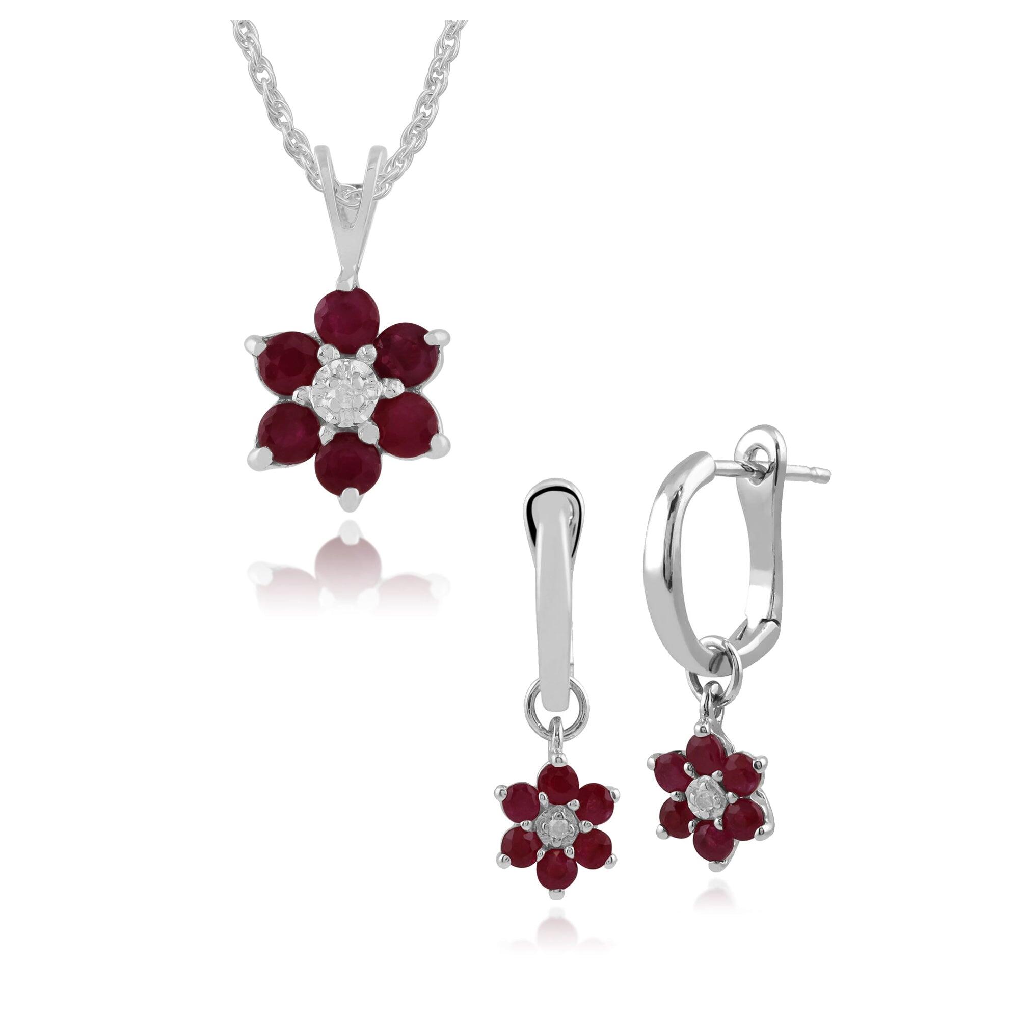Floral Round Ruby & Diamond Flower Drop Earrings & Pendant Set in 9ct White Gold