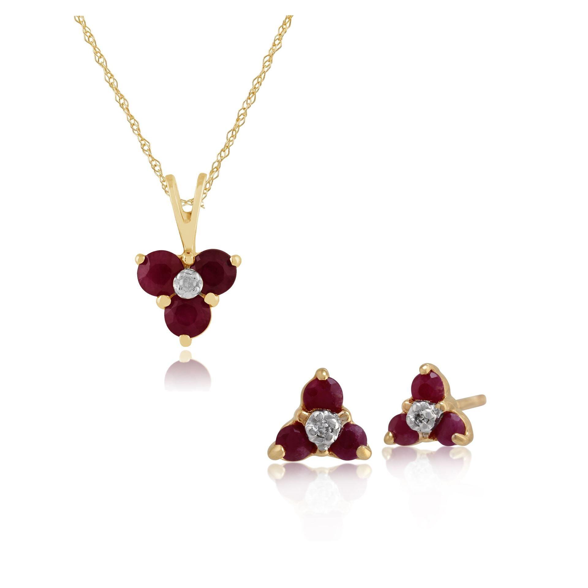 Floral Round Ruby & Diamond Flower Stud Earrings & Pendant Set in 9ct Yellow Gold