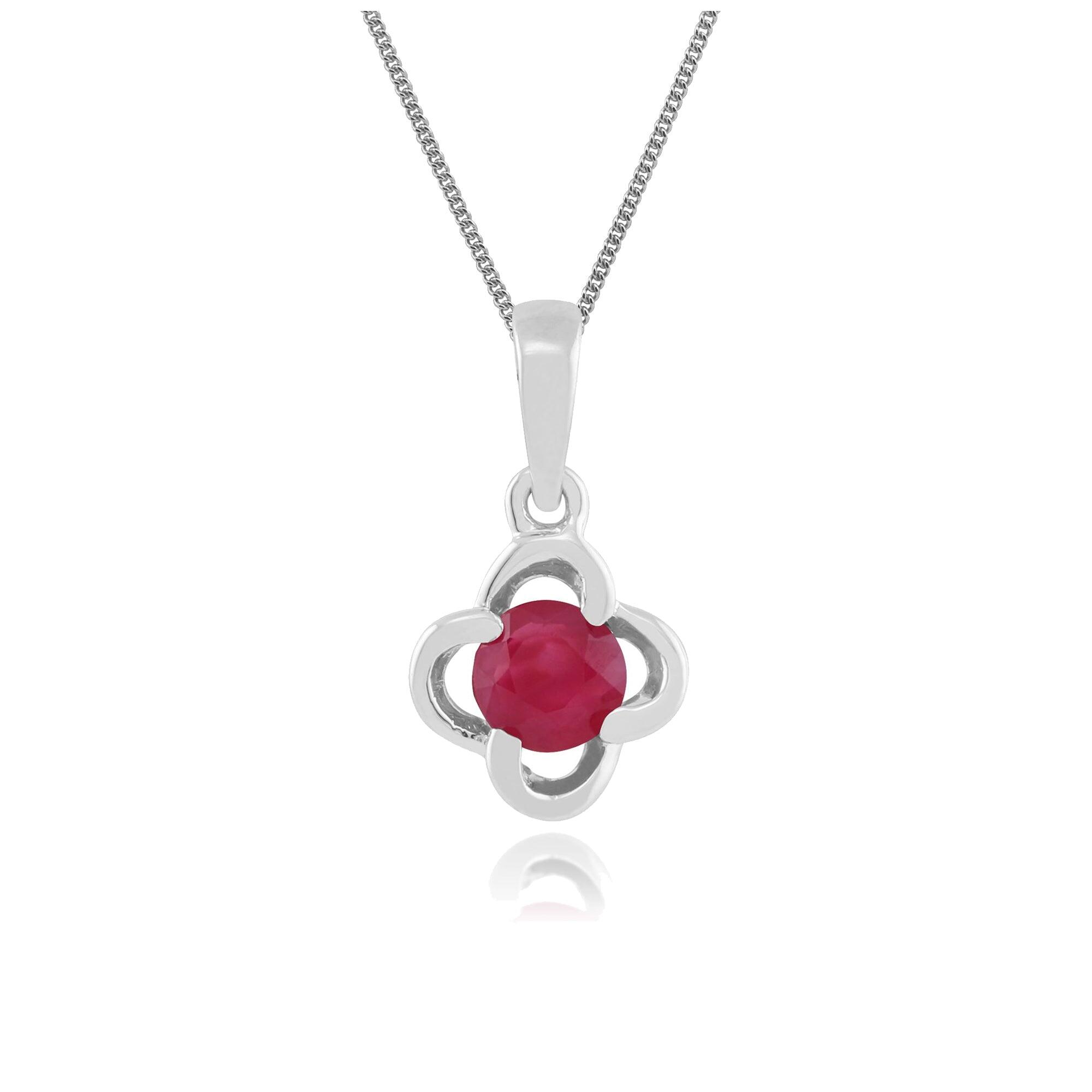 Floral Round Ruby & Diamond Halo Pendant in 9ct White Gold