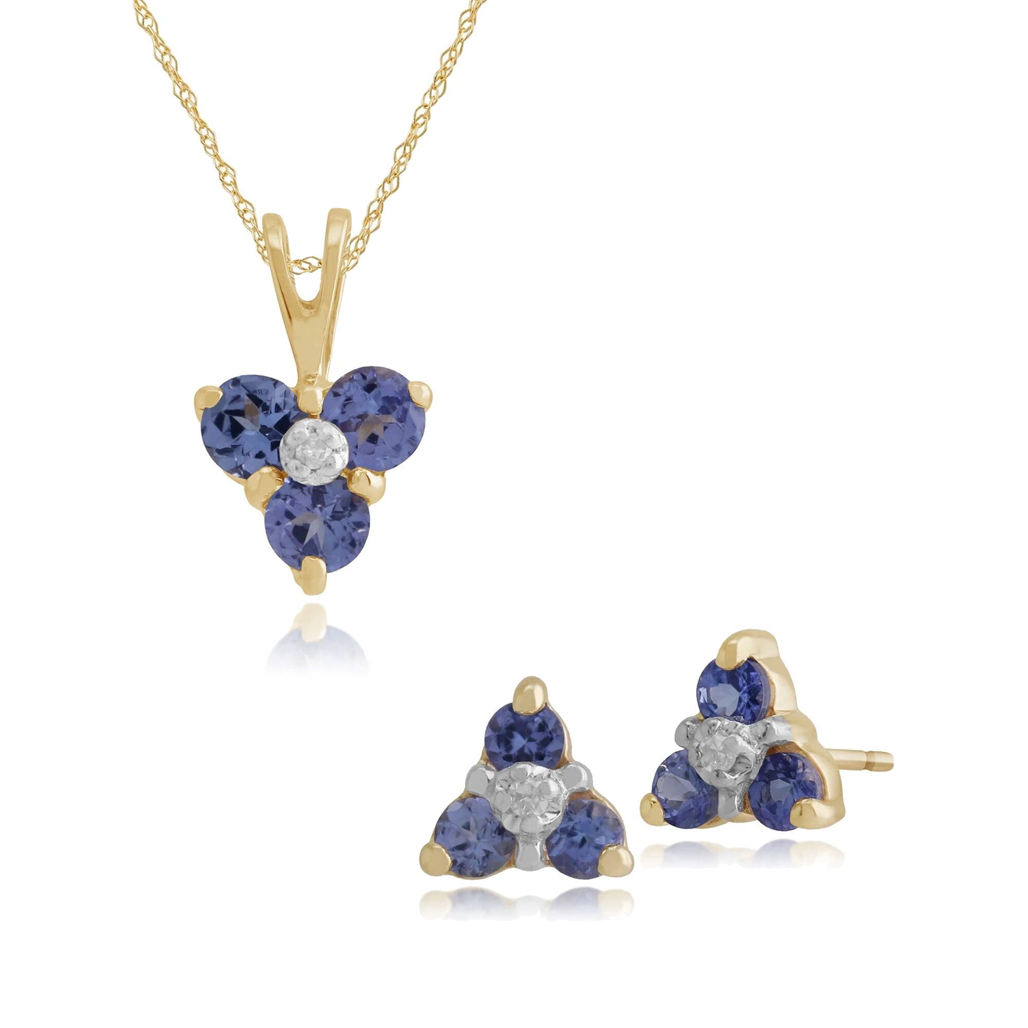 Floral Round Tanzanite & Diamond Flower Stud Earrings & Pendant Set in 9ct Yellow Gold