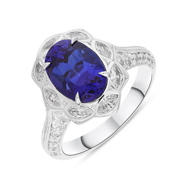 Hans D Krieger 18ct White Gold Tanzanite Diamond Oval Cluster Ring - Gold