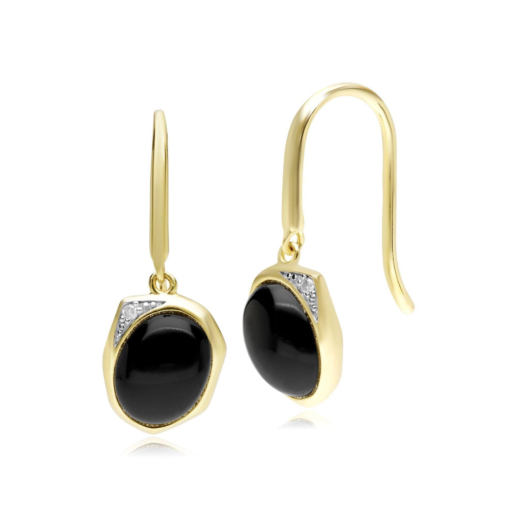 Irregular B Gem Black Onyx & Diamond Drop Earrings In Gold Plated Silver