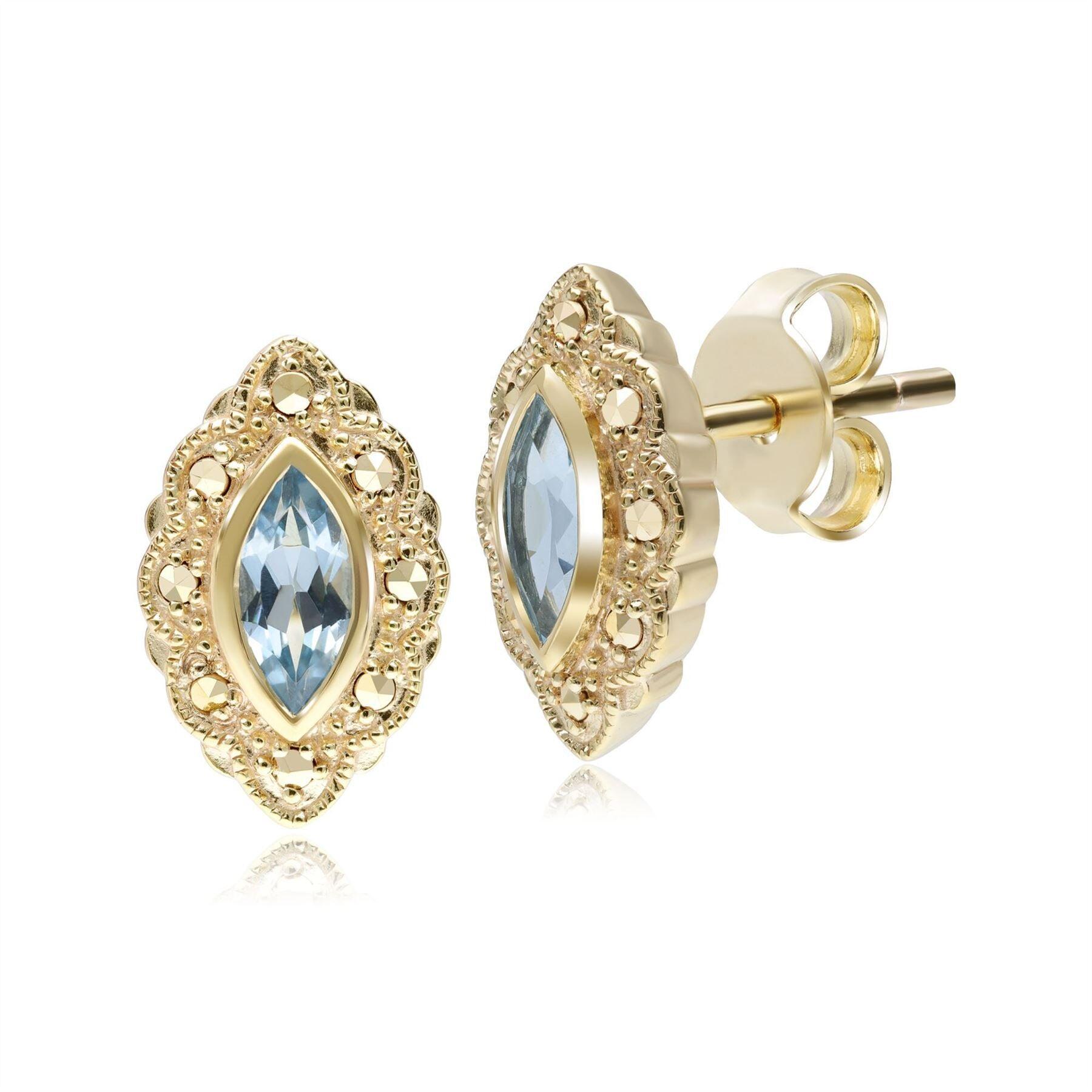 Marquise Blue Topaz & Marcasite Stud Earrings in 18ct Gold Plated Silver
