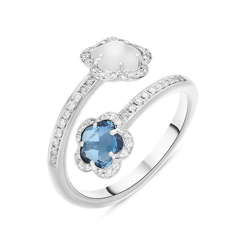 Pasquale Bruni Figlia Dei Fiori 18ct White Gold Moonstone London Blue Topaz Diamond Flower Ring - 18 (58)