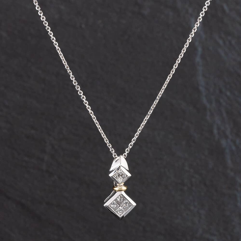 Pre-Owned 14ct White Gold Princess Cut Diamond Pendant & 16 Inch Trace Chain 4314575