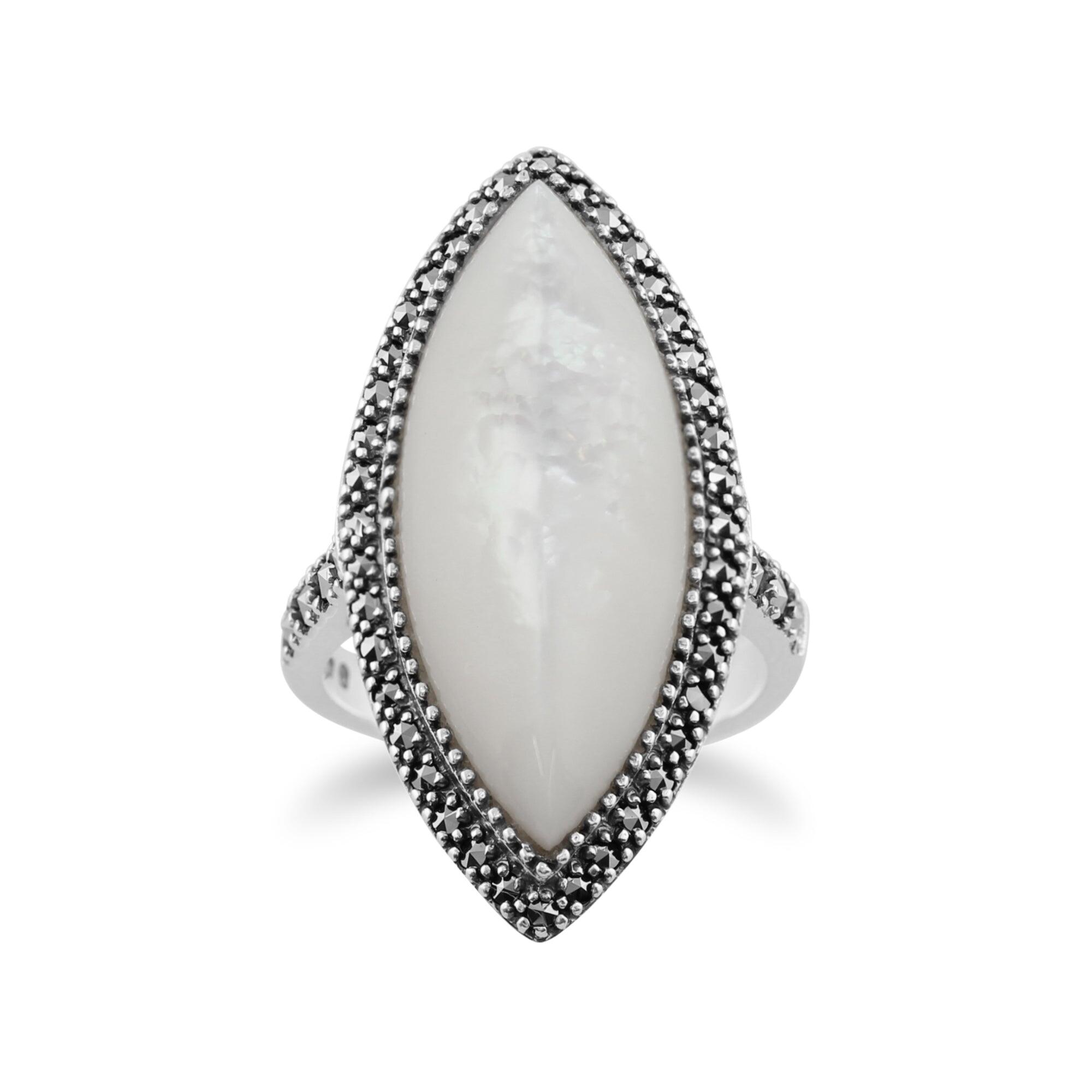 Art Deco Style Marquise Mother of Pearl & Marcasite Statement Ring in Silver