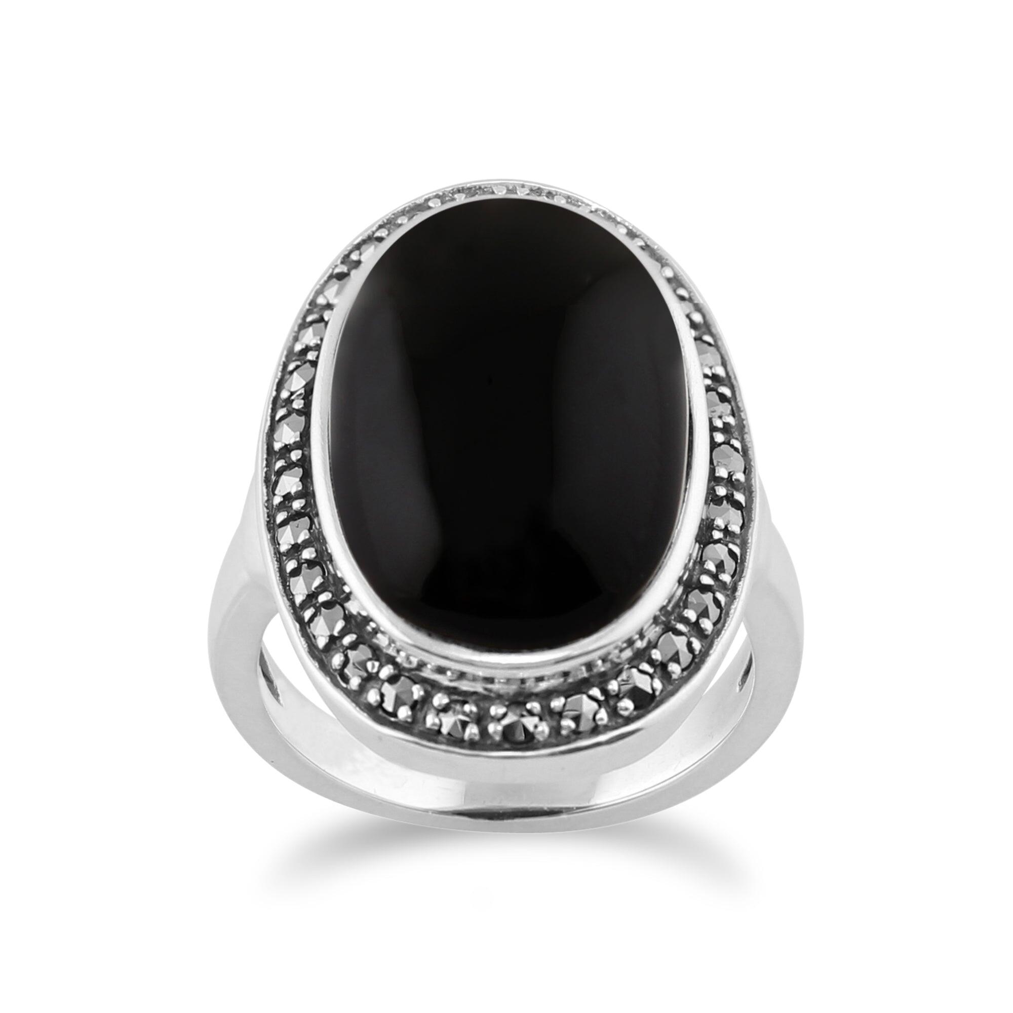 Boho Oval Onyx Cabochon & Marcasite Silver Ring