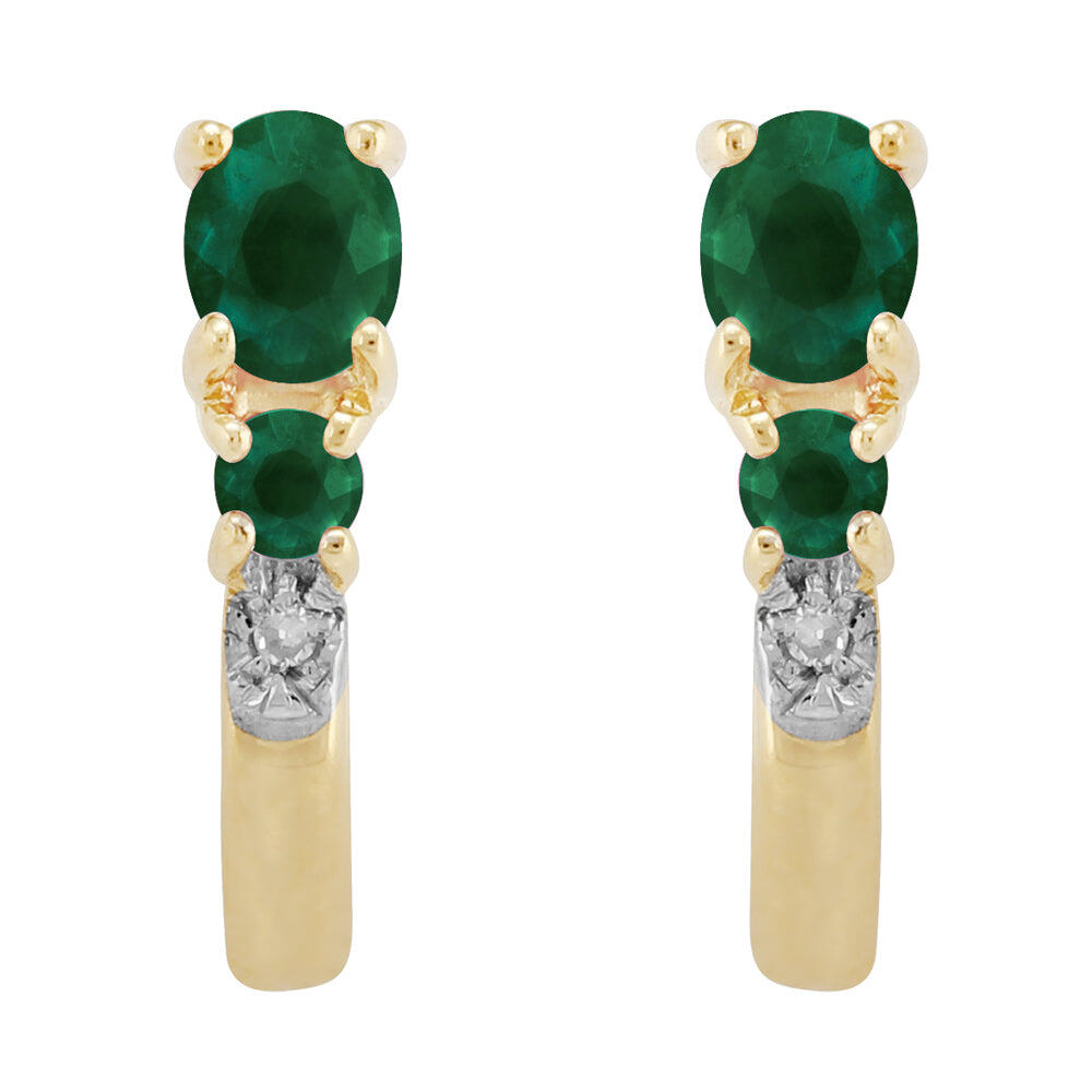 Classic Oval Emerald & Diamond Hoop Earrings in 9ct Yellow Gold