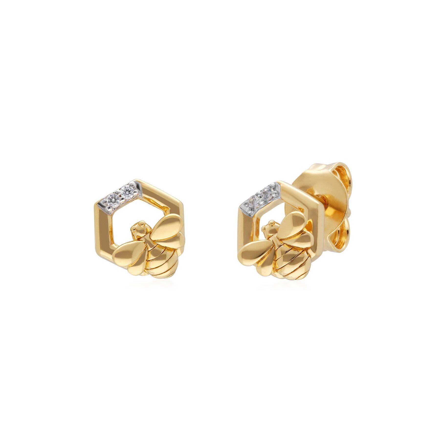 Honeycomb Inspired Diamond Hexagon Bee Earrings in 9ct Yellow Gold
