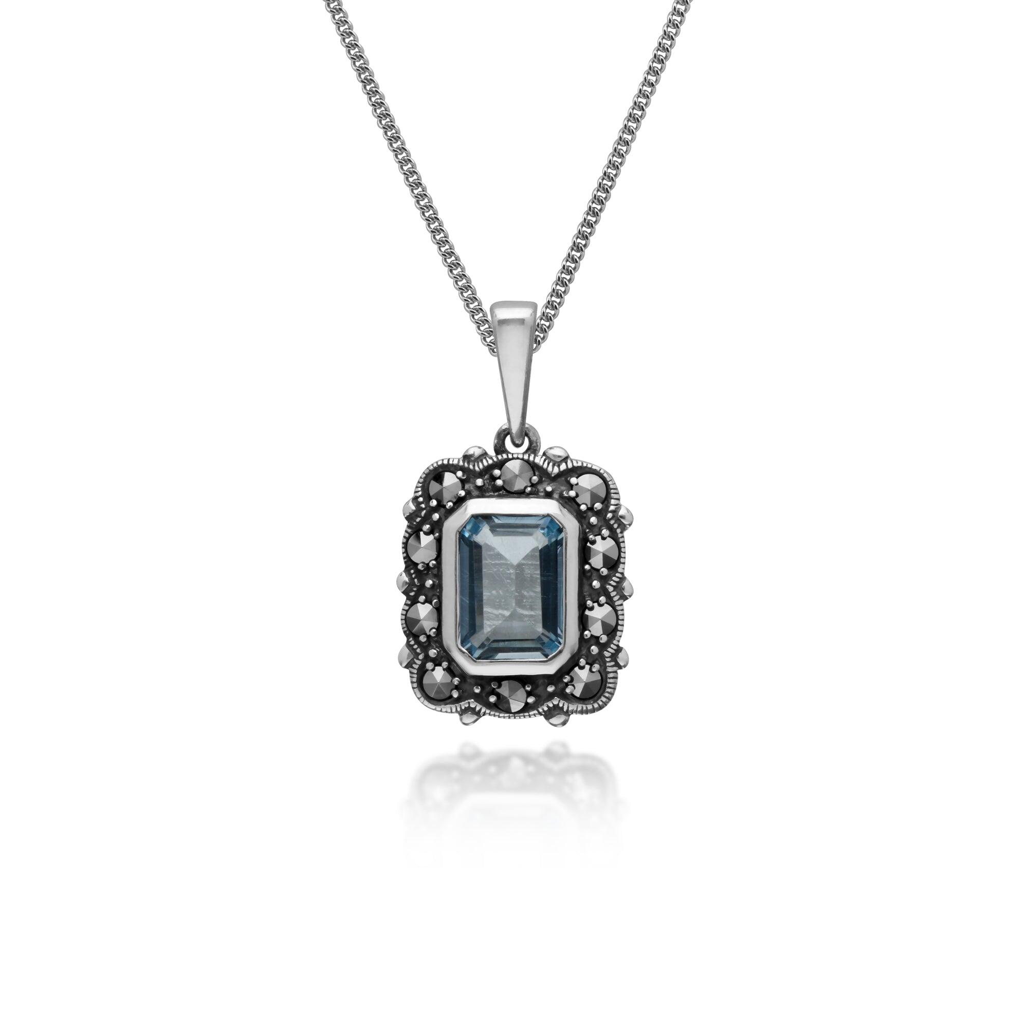 Art Deco Style Octagon Blue Topaz & Marcasite Pendant in 925 Sterling Silver