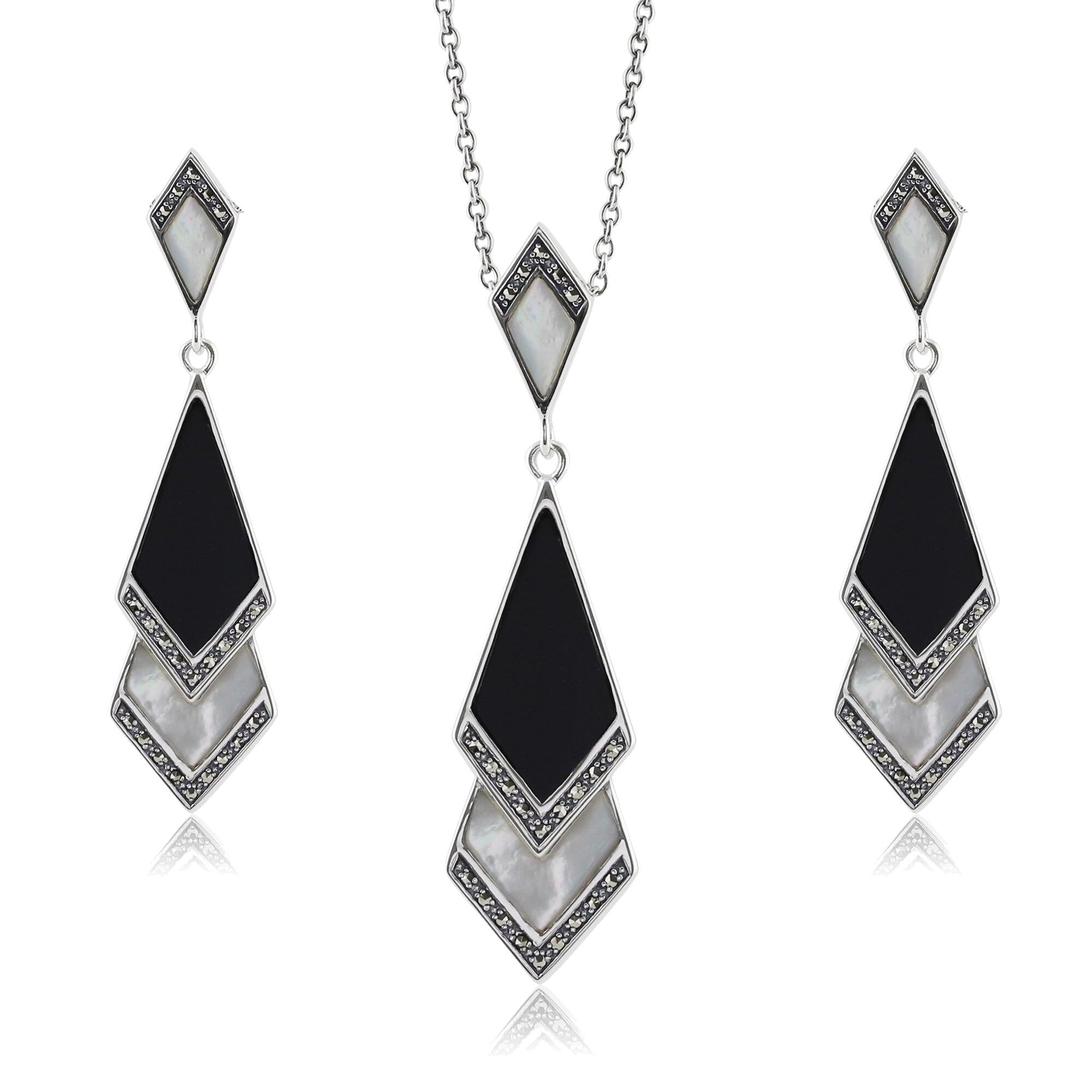 Art Deco Style Style Black Onyx & Mother of Pearl Fan Drop Earrings & Necklace Set in 925 Sterling Silver