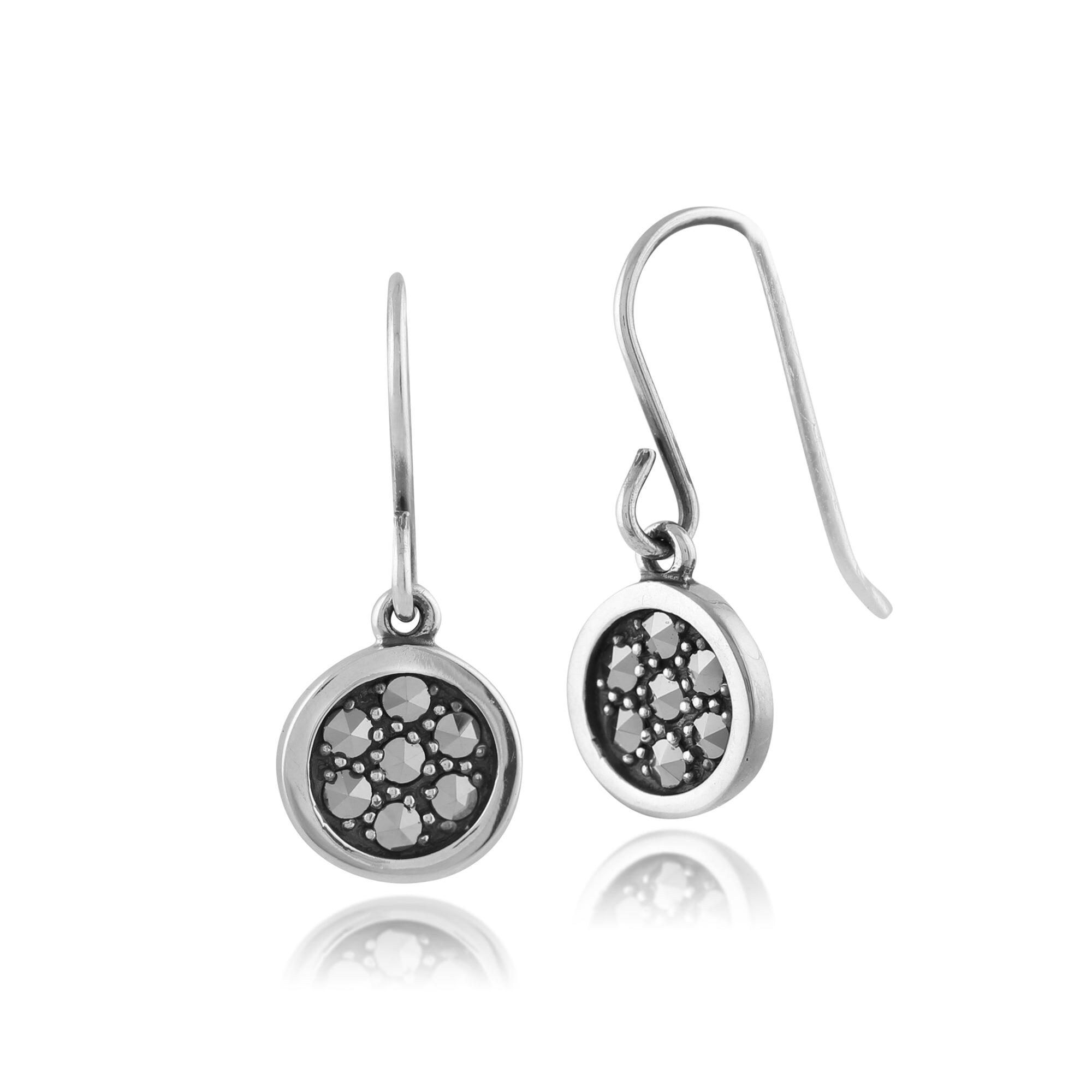 Classic Round Pave Set Marcasite Drop Earrings in 925 Sterling Silver