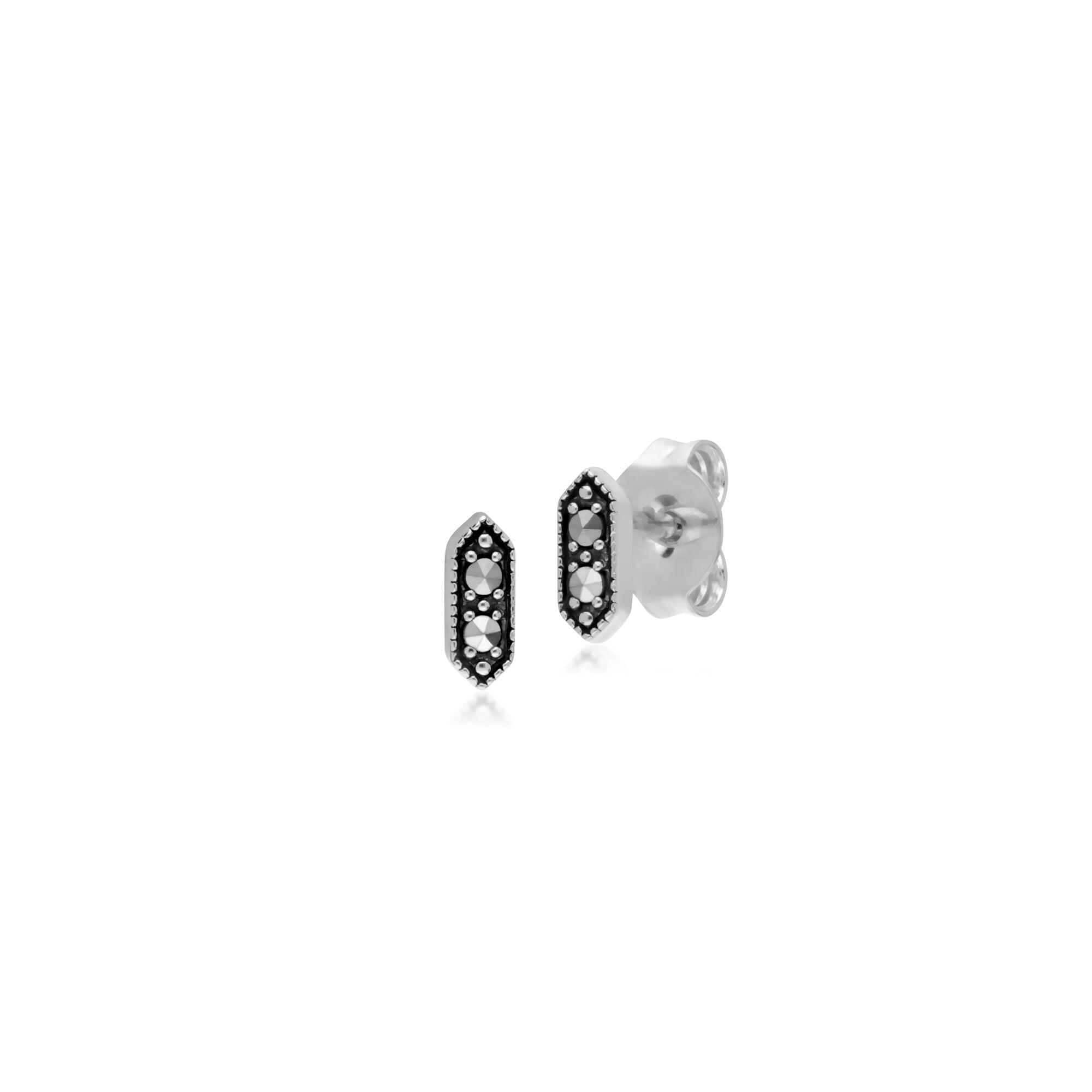 Geometric Round Marcasite Hexagon Stud Earrings in 925 Sterling Silver