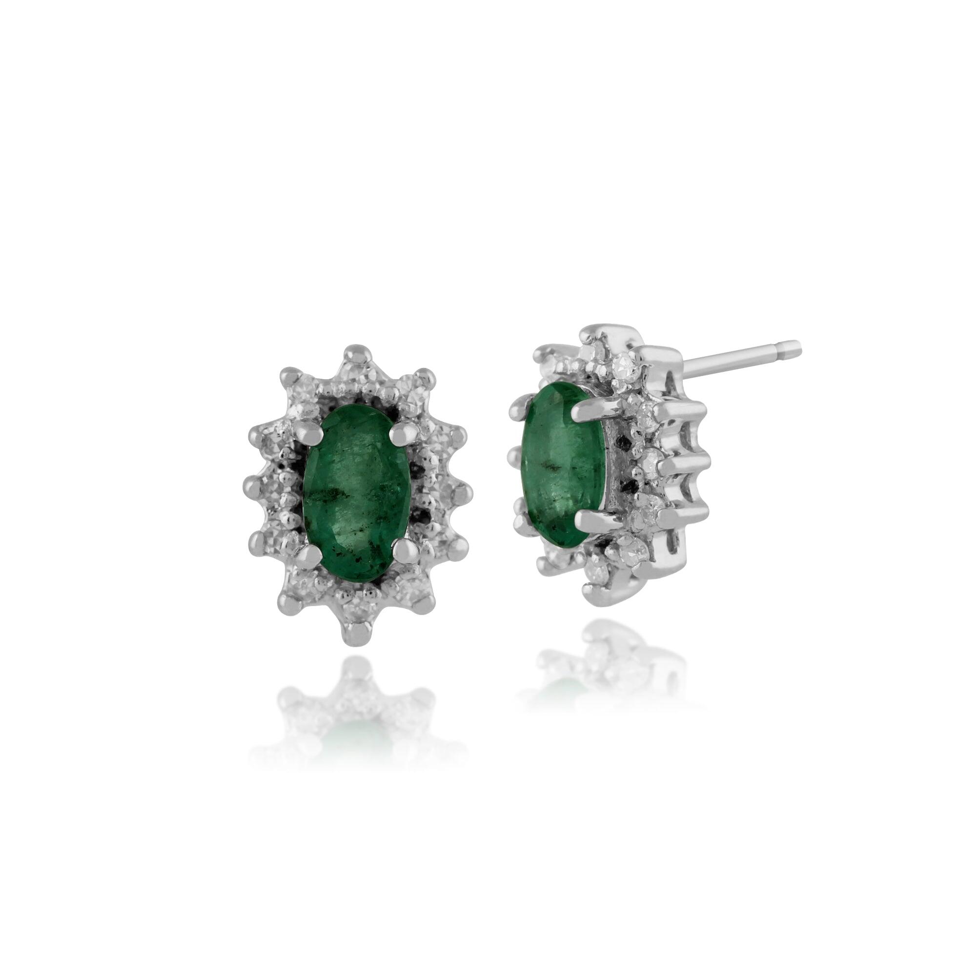 Classic Oval Emerald & Diamond Cluster Stud Earrings in 9ct White Gold