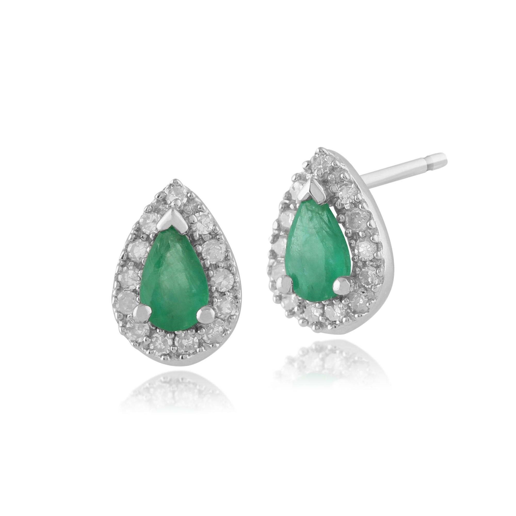 Classic Pear Emerald & Diamond Cluster Stud Earrings in 9ct White Gold