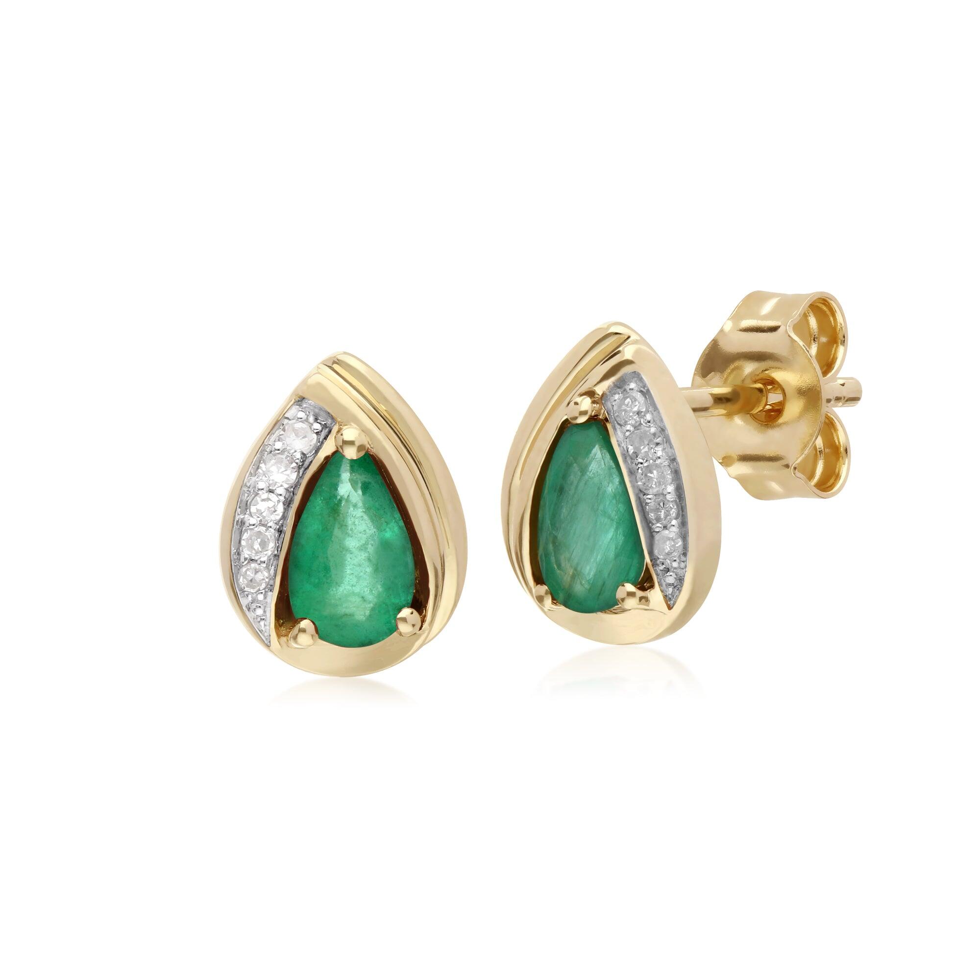 Classic Pear Emerald & Diamond Tear Drop Stud Earrings in 9ct Yellow Gold