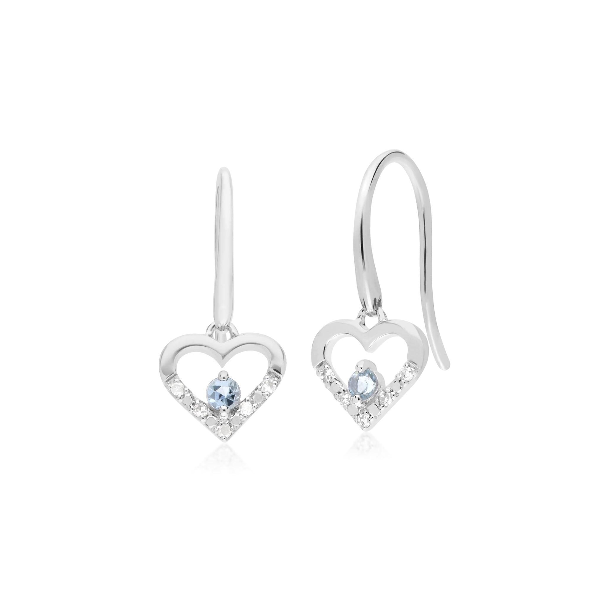 Classic Round Aquamarine & Diamond Love Heart Shaped Drop Earrings in 9ct White Gold