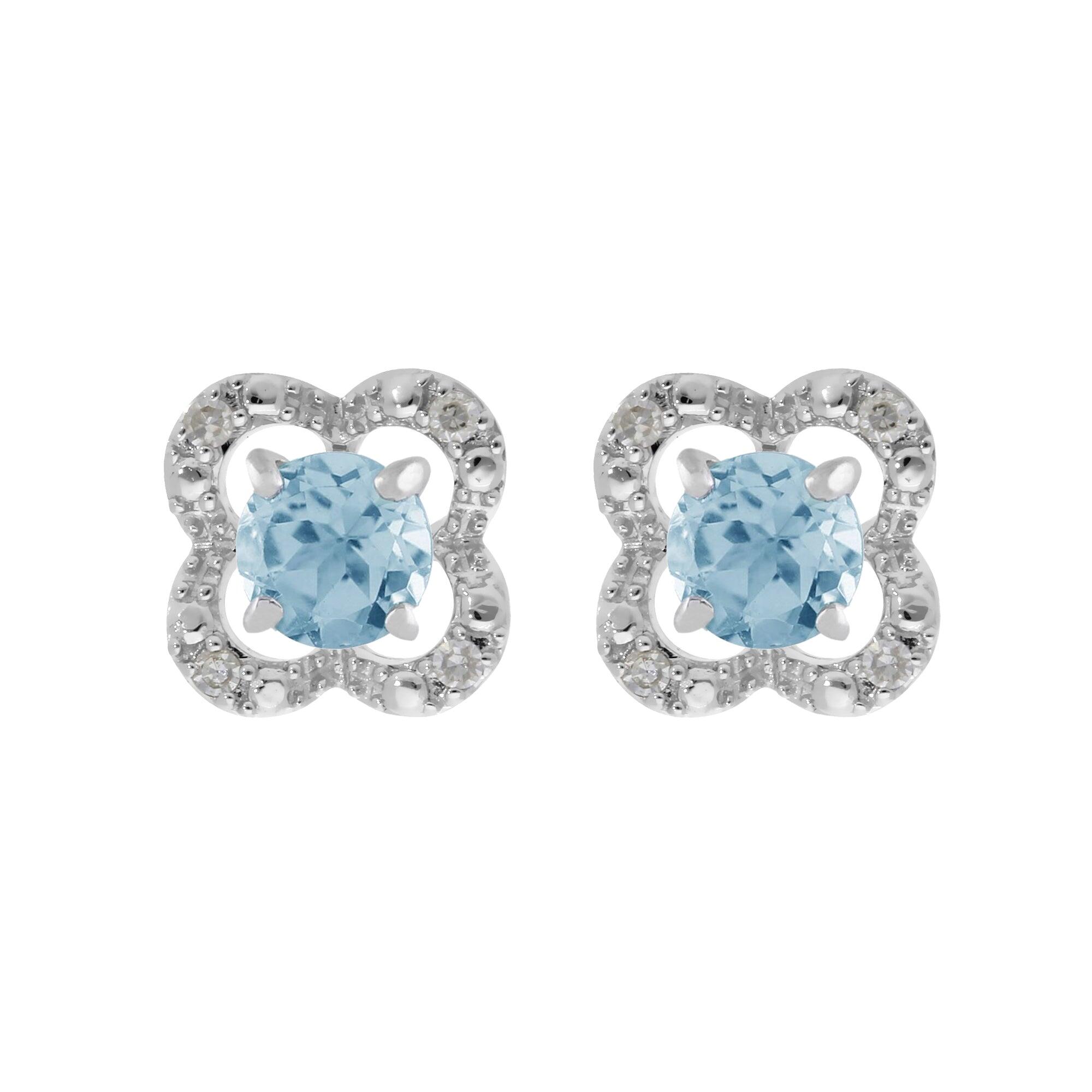 Classic Round Blue Topaz Stud Earrings with Detachable Diamond Flower Ear Jacket in 9ct White Gold