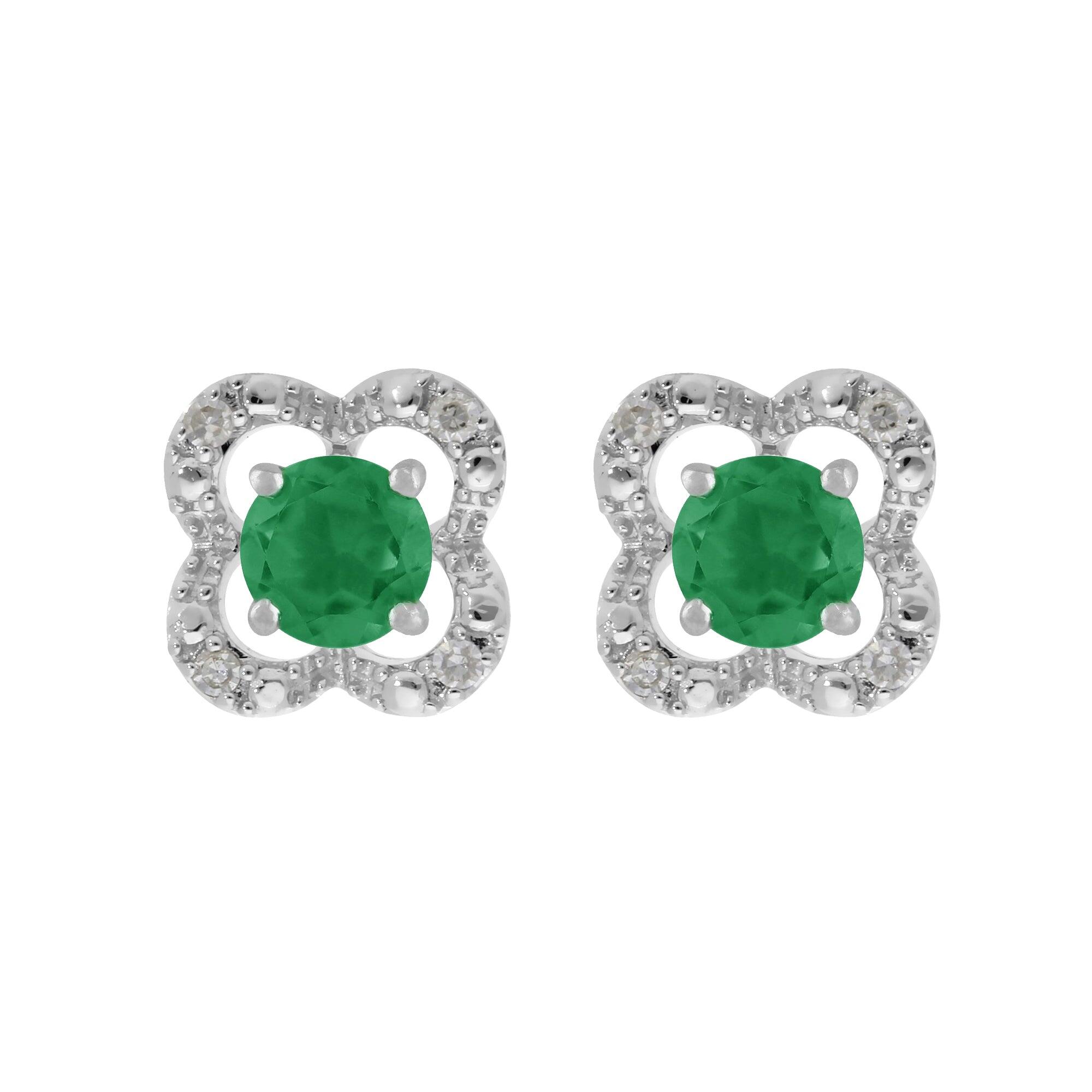 Classic Round Emerald Stud Earrings with Detachable Diamond Flower Ear Jacket in 9ct White Gold