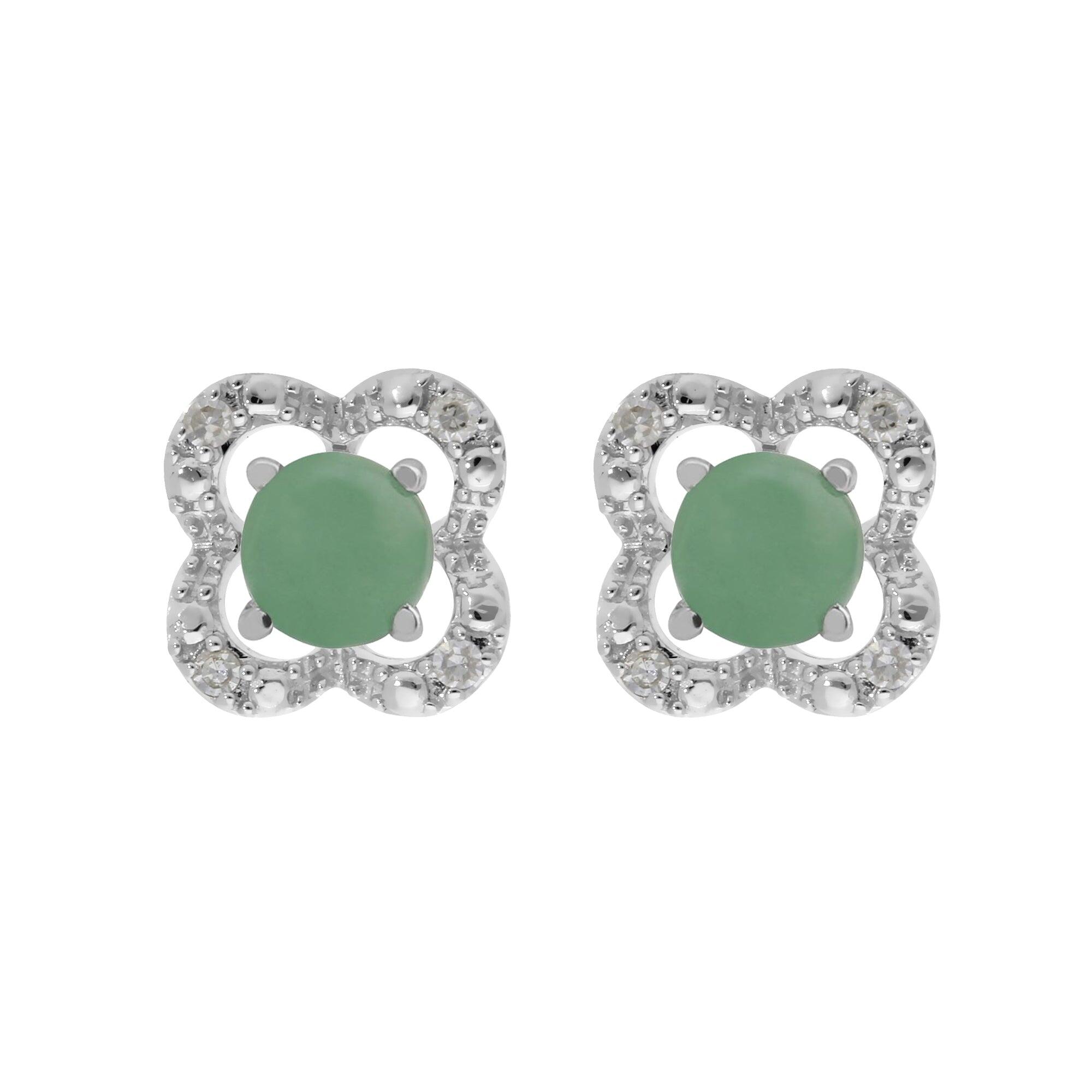 Classic Round Jade Stud Earrings with Detachable Diamond Flower Ear Jacket in 9ct White Gold