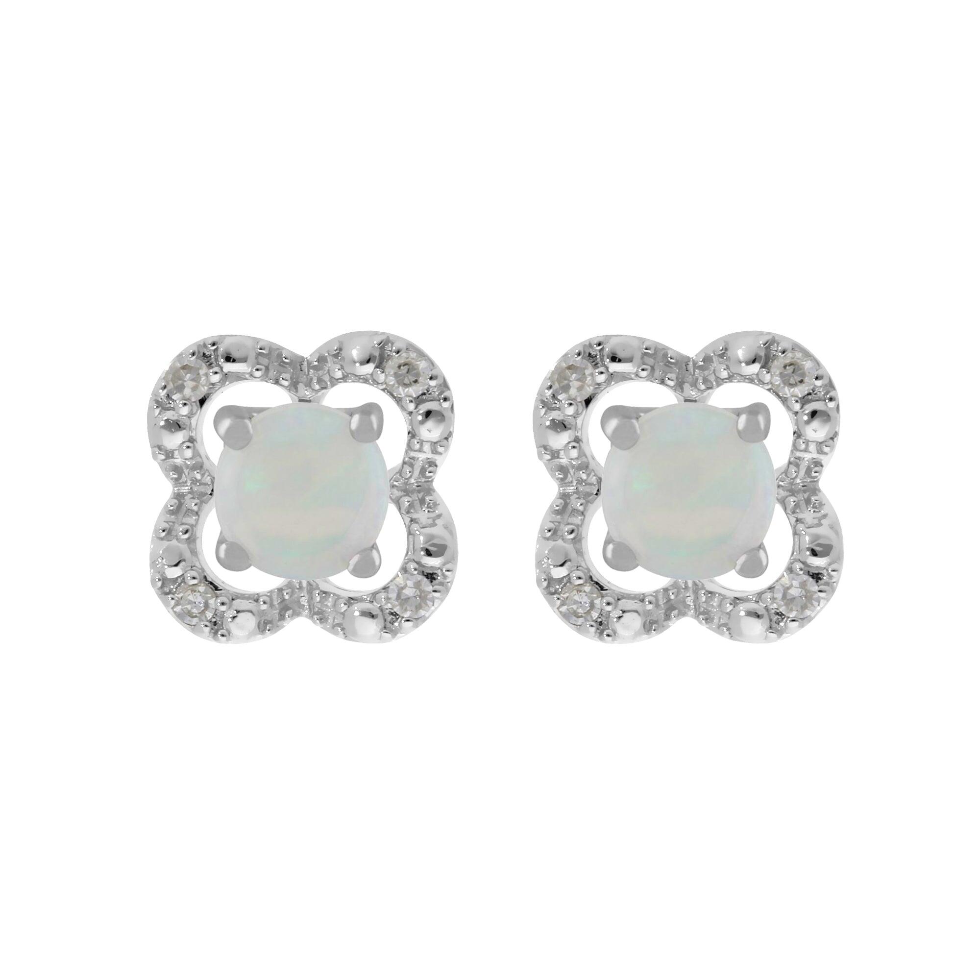 Classic Round Opal Studs with Detachable Diamond Flower Ear Jacket in 9ct White Gold