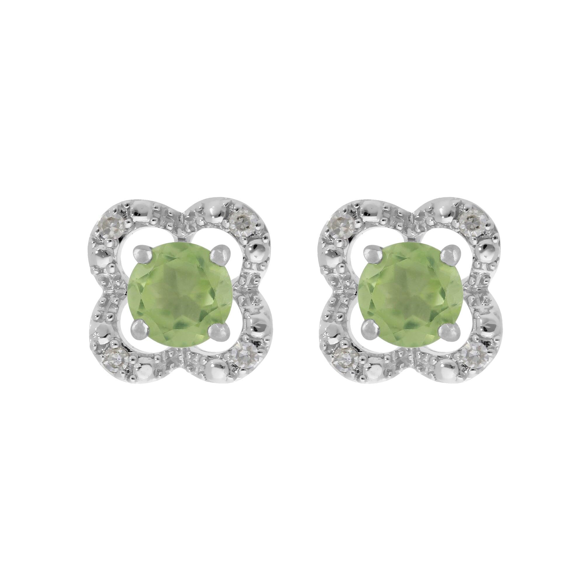 Classic Round Peridot Stud Earrings with Detachable Diamond Flower Ear Jacket in 9ct White Gold