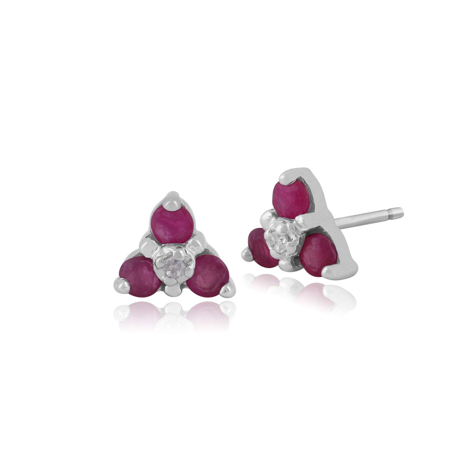 Classic Round Ruby & Diamond Cluster Stud Earrings in 9ct White Gold