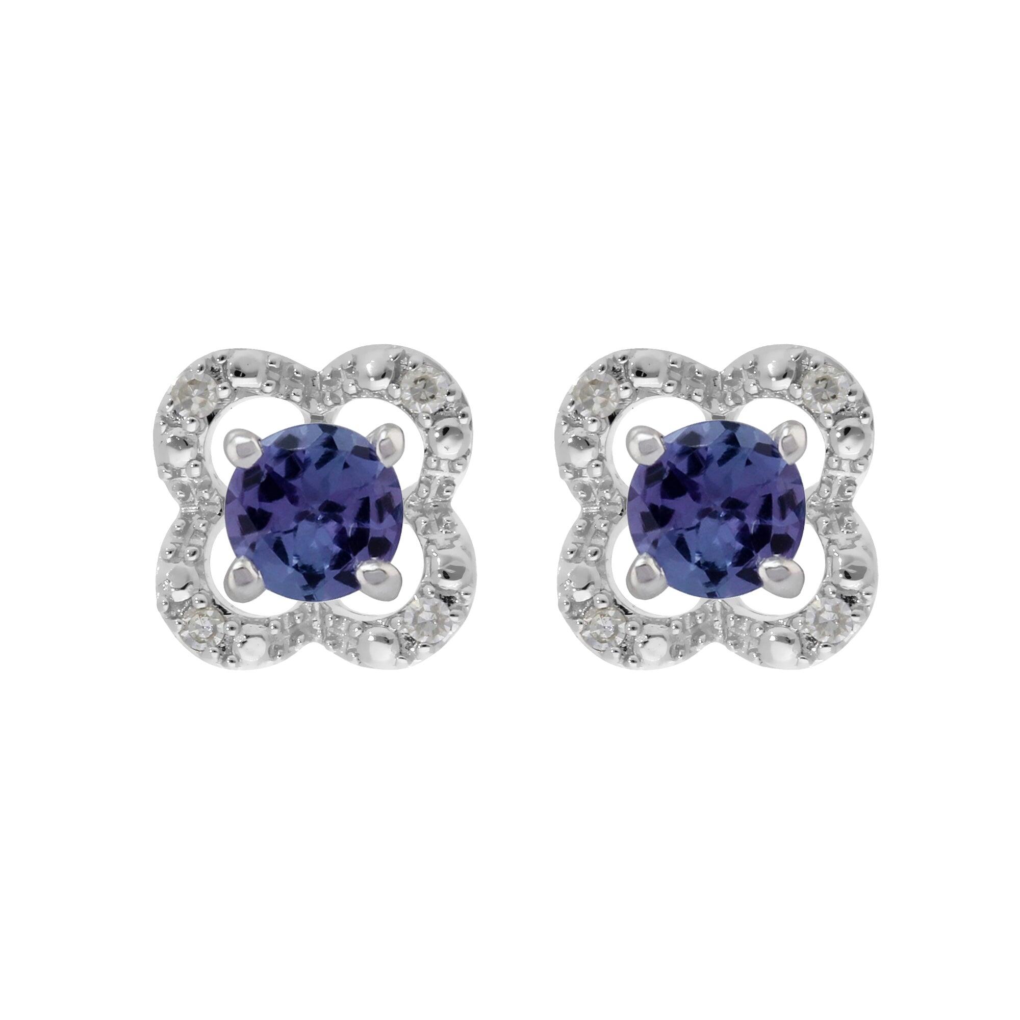 Classic Round Tanzanite Stud Earrings with Detachable Diamond Flower Ear Jacket in 9ct White Gold