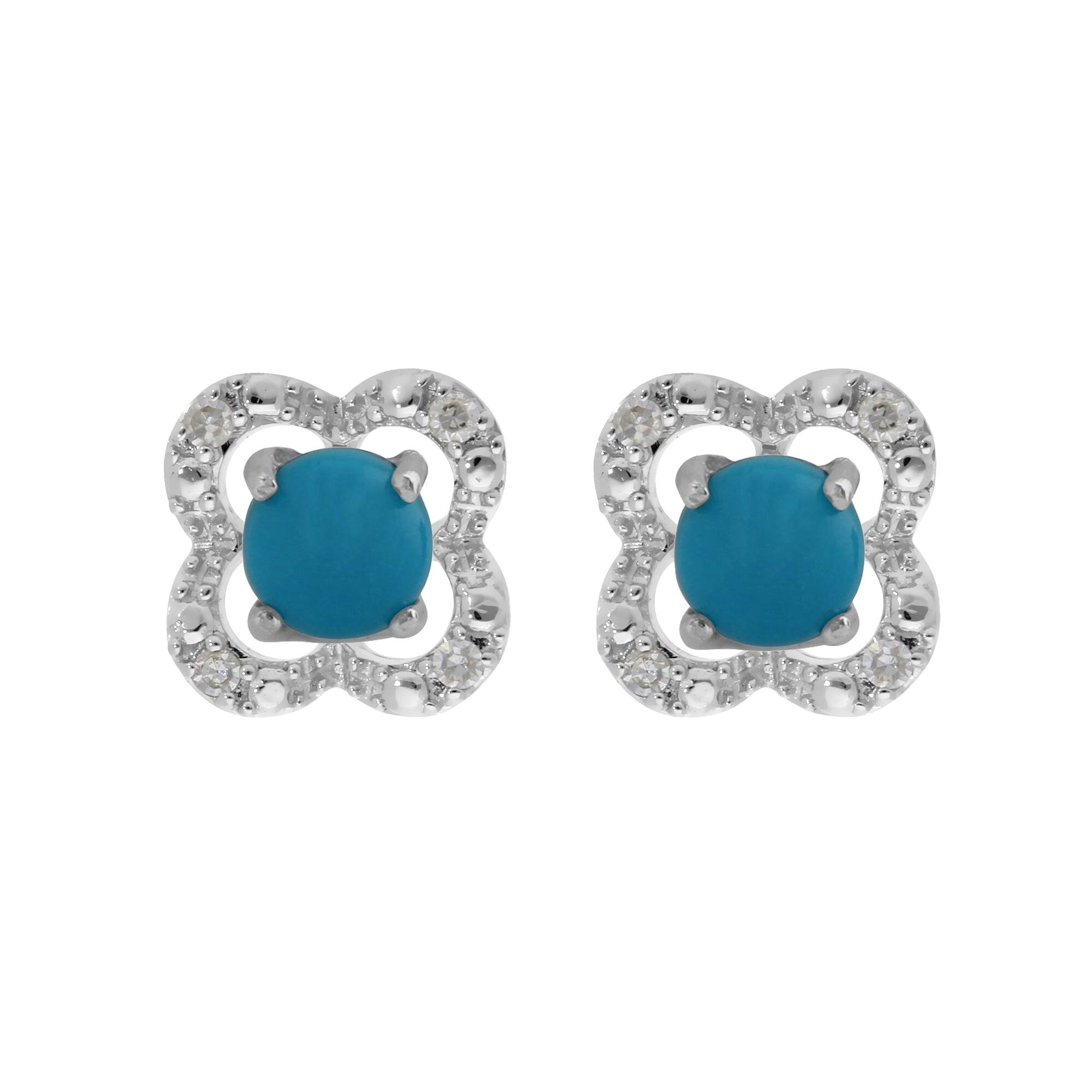 Classic Round Turquoise Stud Earrings with Detachable Diamond Flower Ear Jacket in 9ct White Gold
