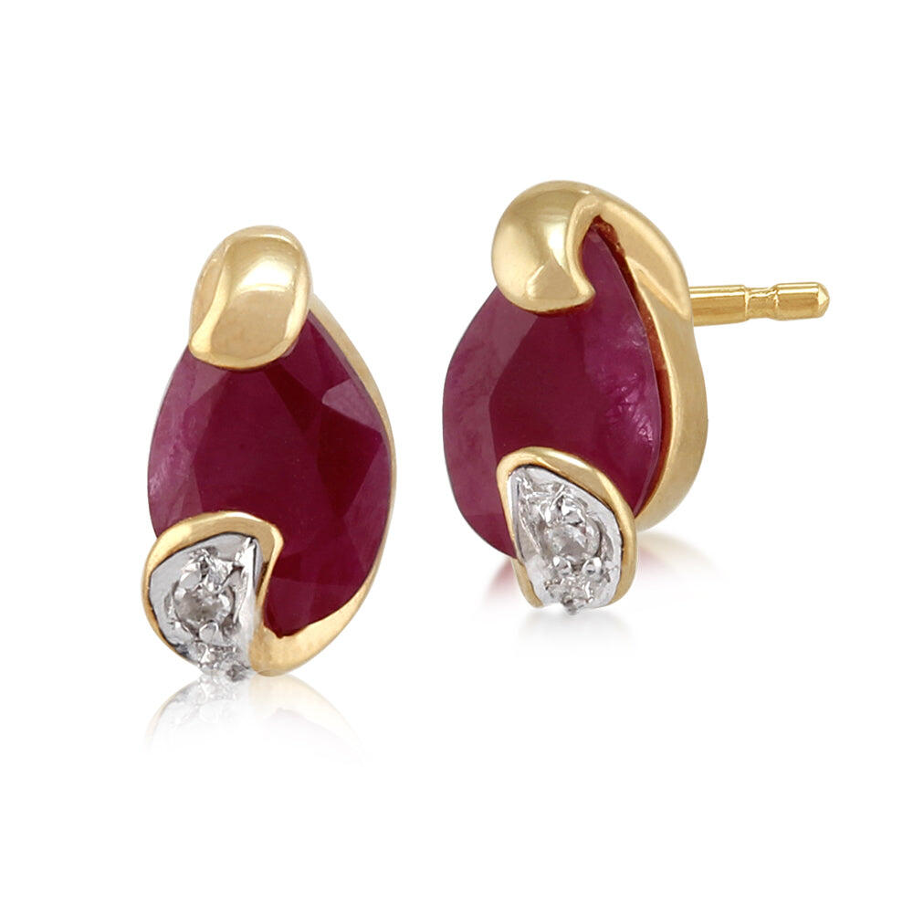 Art Nouveau Style Ruby & Diamond Stud Earrings in 9ct Yellow gold