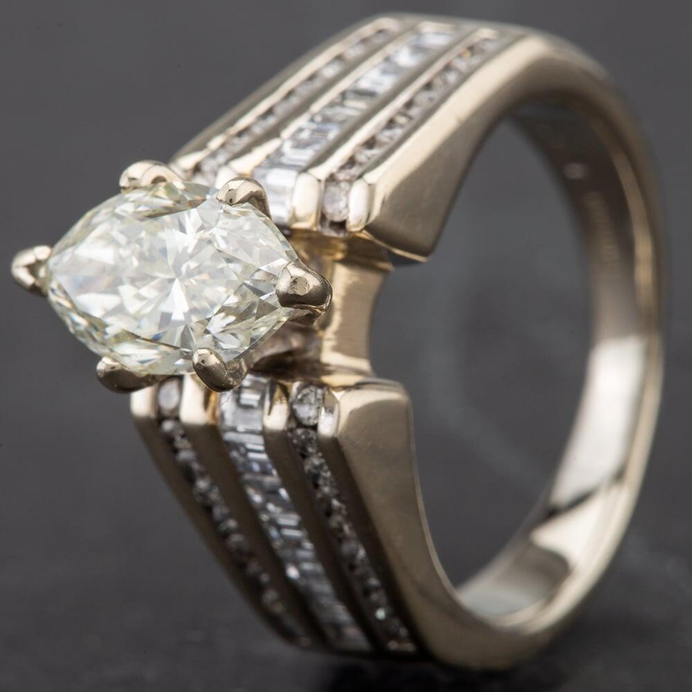 Pre-Owned 14ct White Gold Marquise Diamond with Baguette & Round Diamond Shoulders Ring 4312970