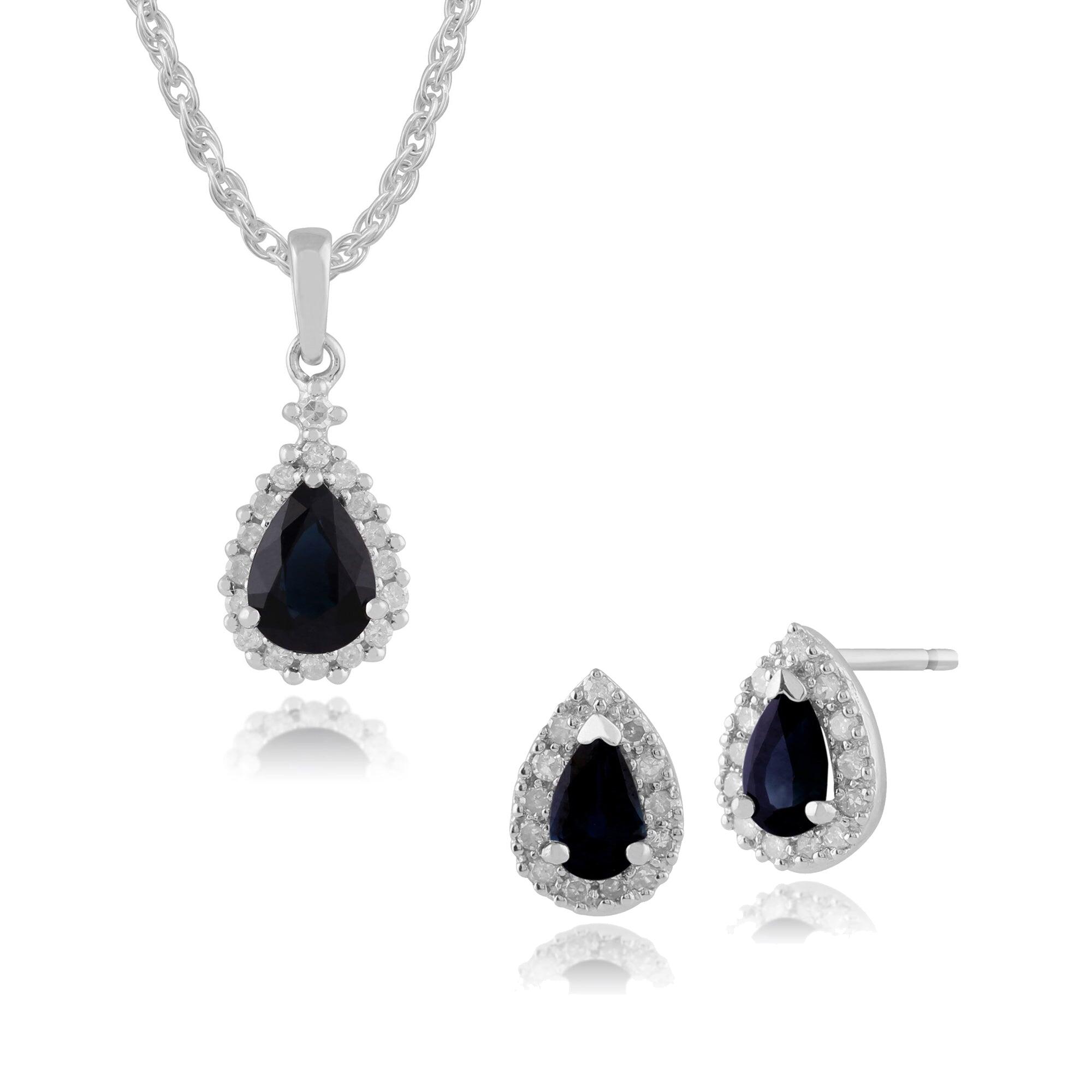 Classic Pear Sapphire & Diamond Halo Stud Earrings & Pendant Set in 9ct White Gold