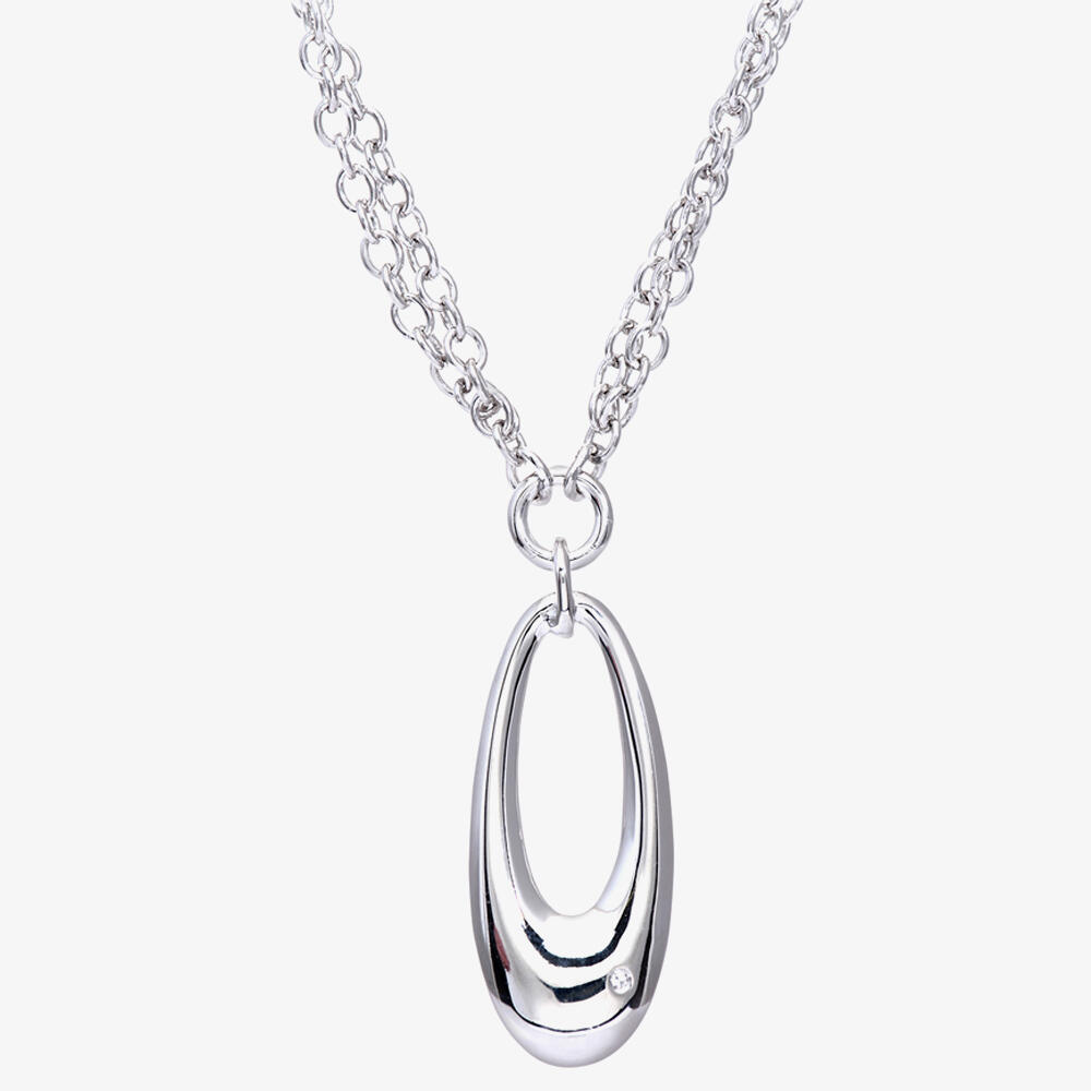 Silver & Diamond Double Chain Open Oval Necklace PNE01764